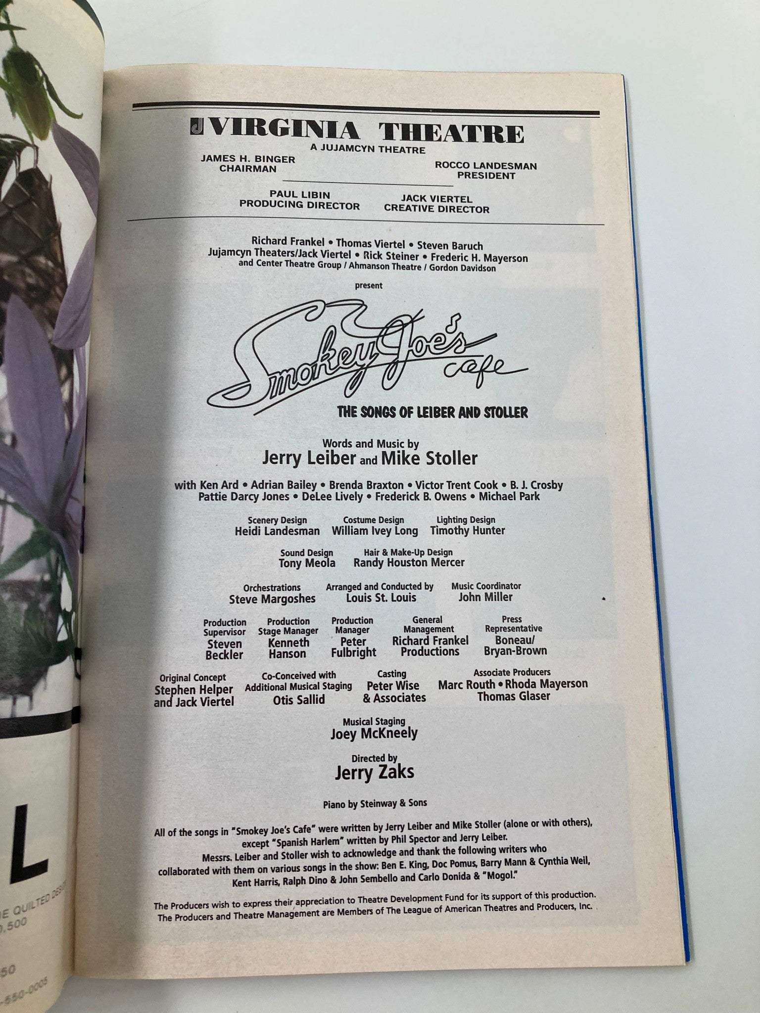 1996 Playbill Virginia Theatre Smokey Joe's Cafe The Songs of Leiber and Stoller