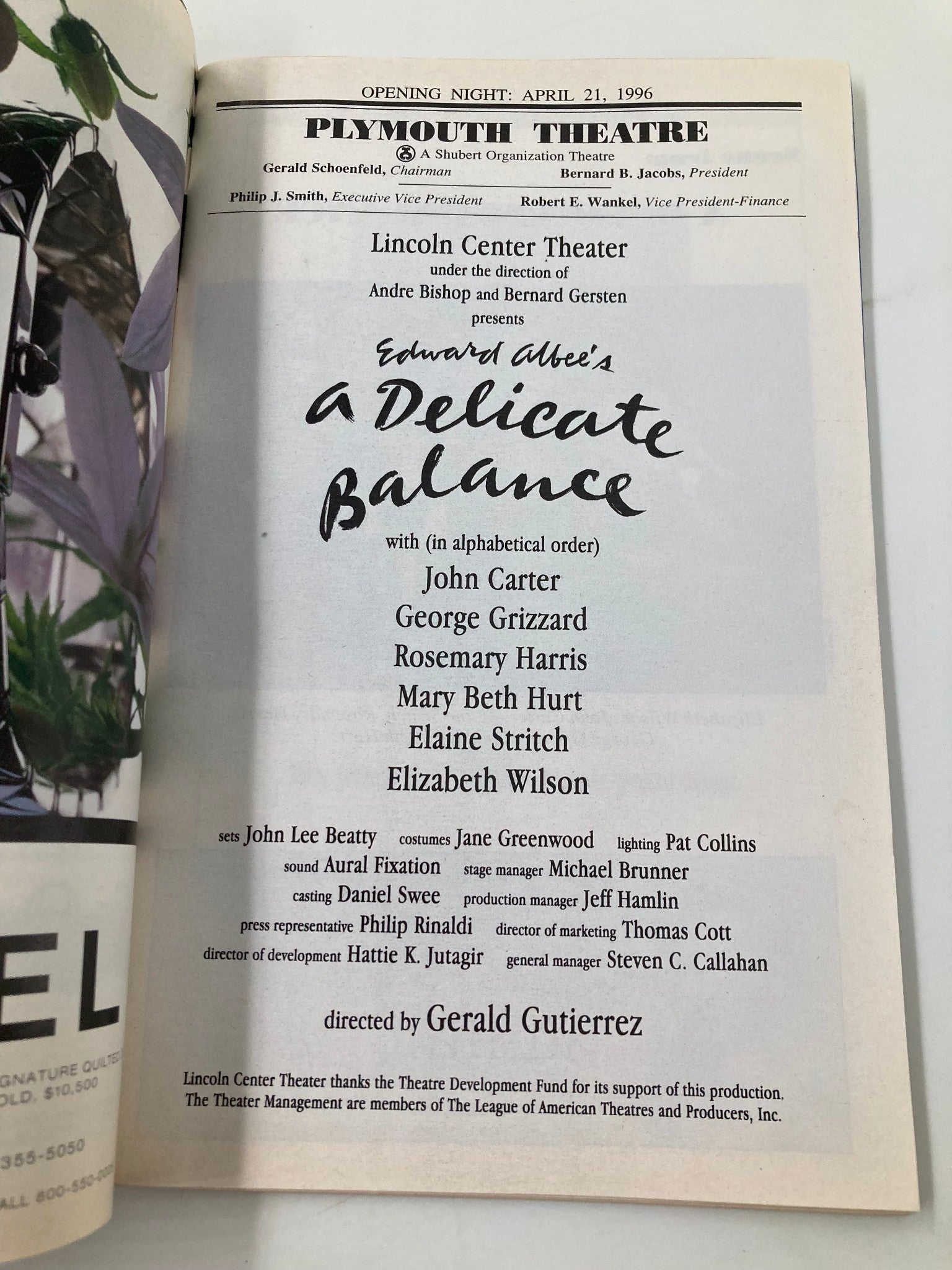 1996 Playbill Plymouth Theatre A Delicate Balance John Carter, George Grizzard