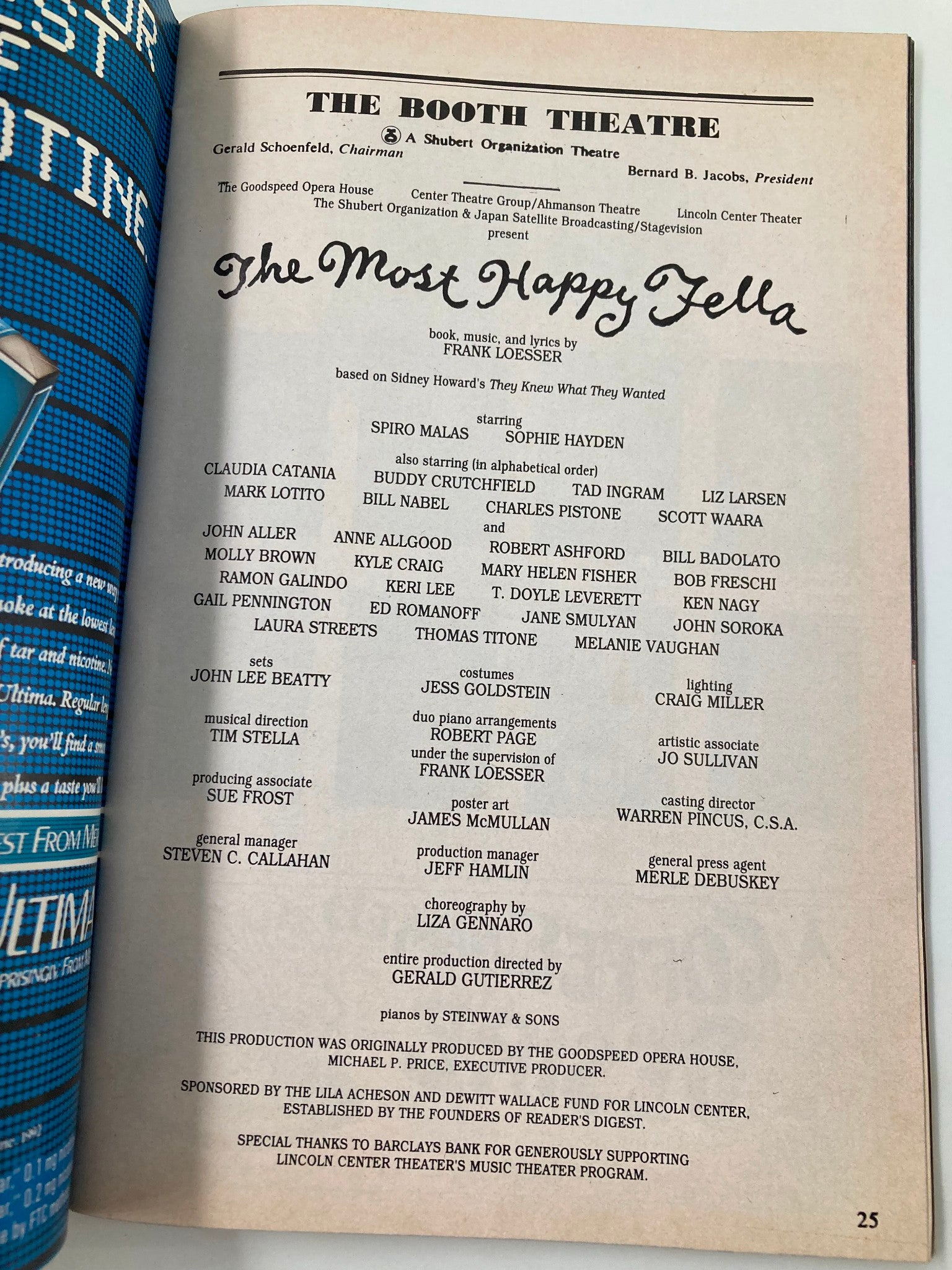 1992 Playbill The Booth Theatre The Most Happy Fella Claudia Catania, Tad Ingram