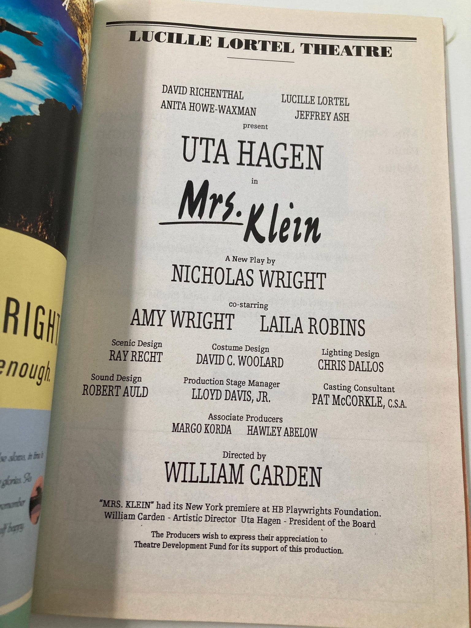 1996 Playbill Lucile Fortel Theatre Mrs. Klein Uta Hagen, Amy Wright