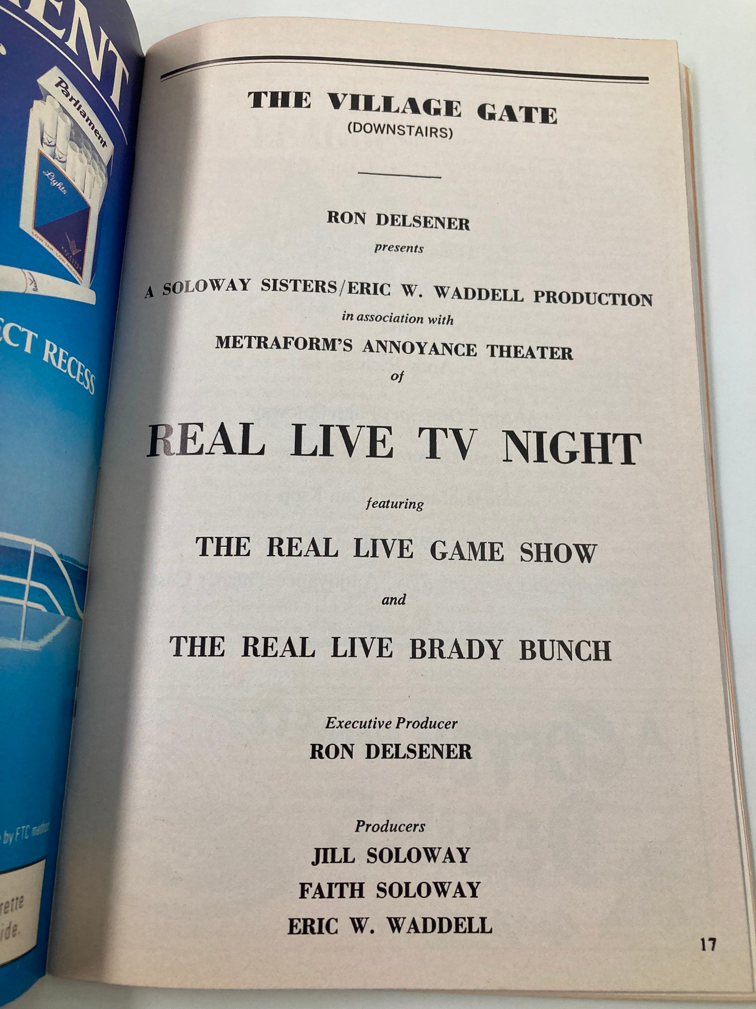 1992 Playbill The Village Gate Real Live TV Night feat. The Real Live Game Show