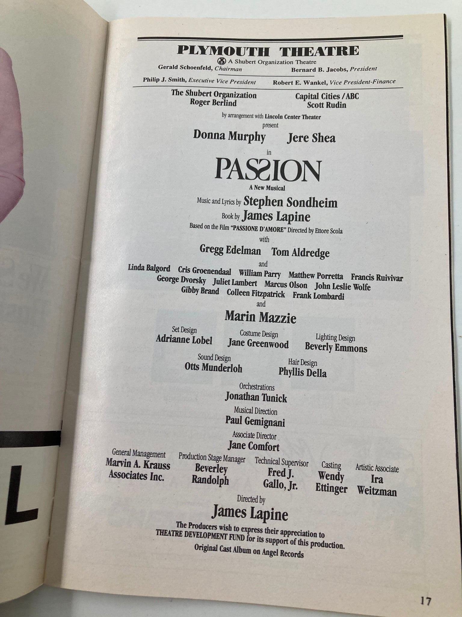 1994 Playbill Plymouth Theatre Passion Musical Gregg Edelman, Tom Aldredge