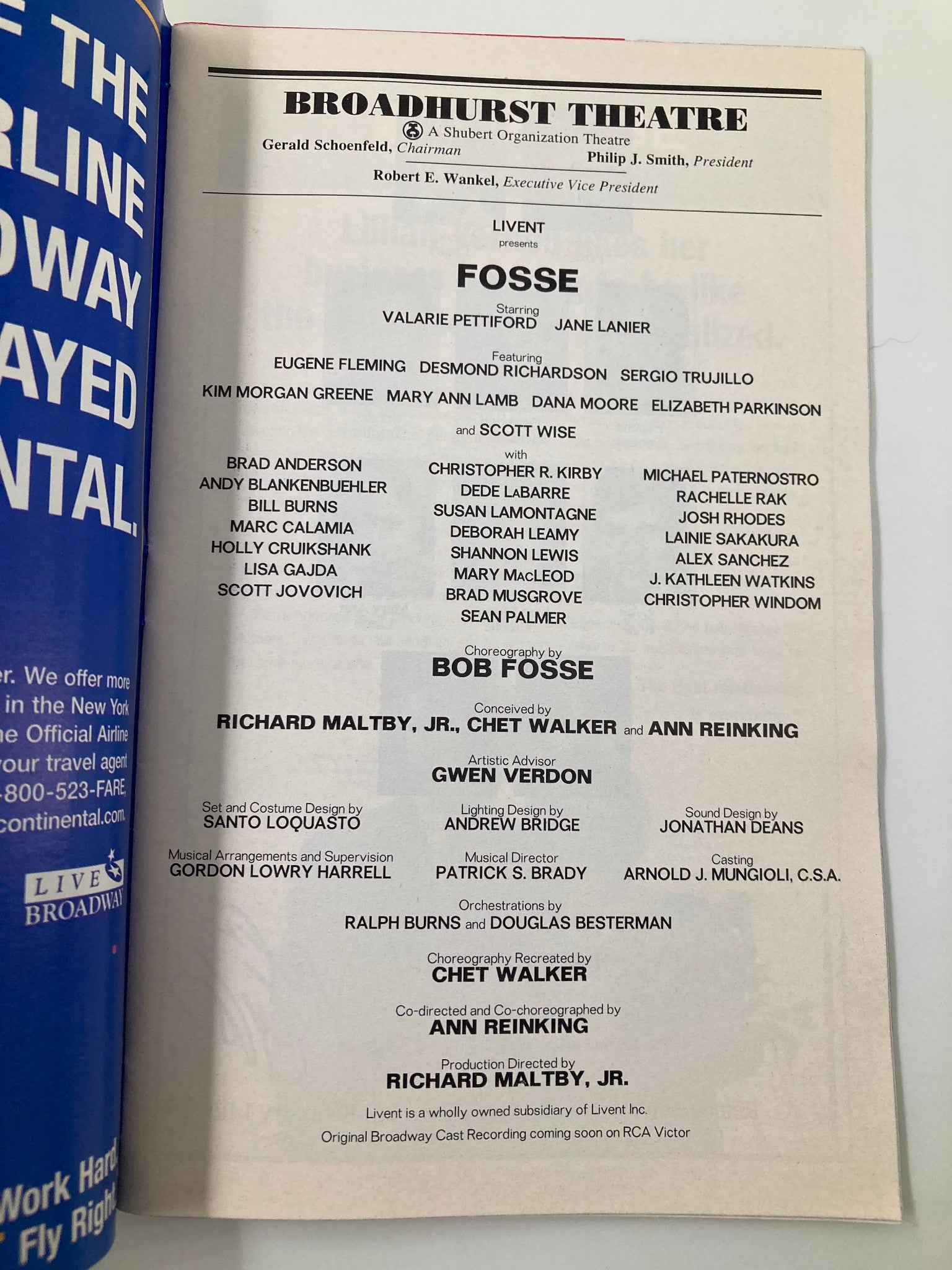 1999 Playbill Broadhurst Theatre Fosse Valarie Pettiford, Jane Lanier