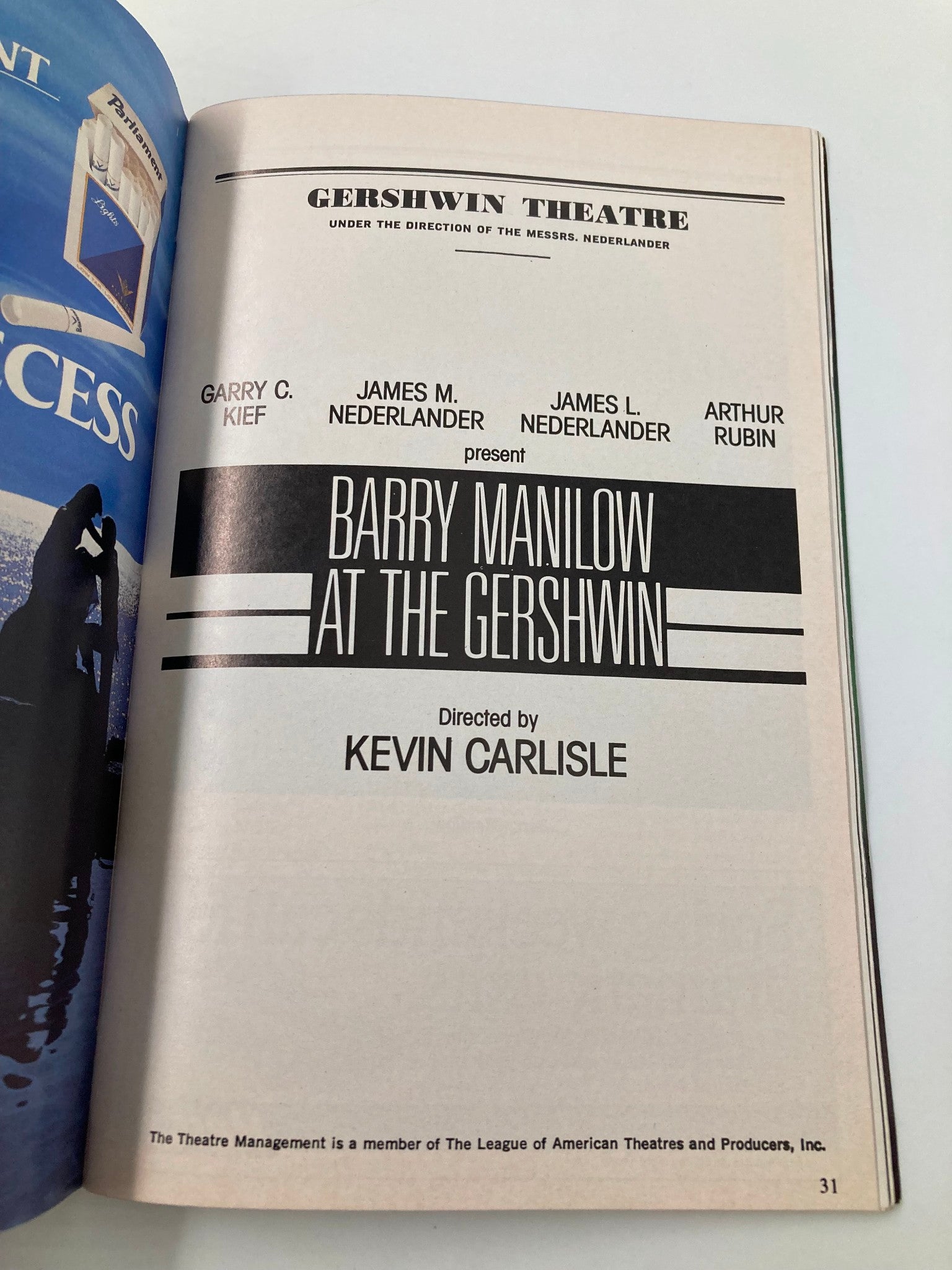 1989 Playbill Gershwin Theatre Barry Mannilow at The Gershwin by Kevin Carlisle