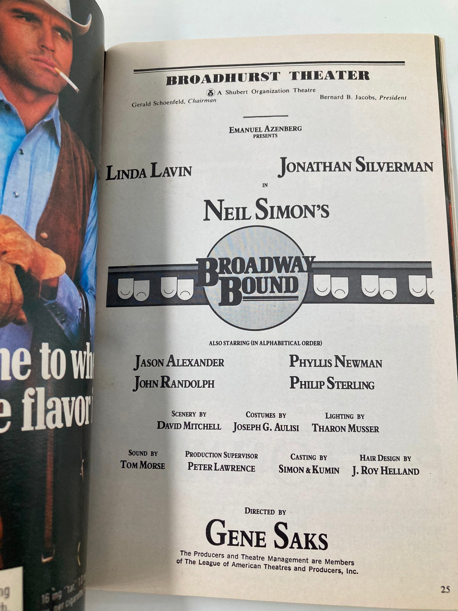 1987 Playbill Broadhurst Theater Broadway Bound Linda Lavin, Jonathan Silverman