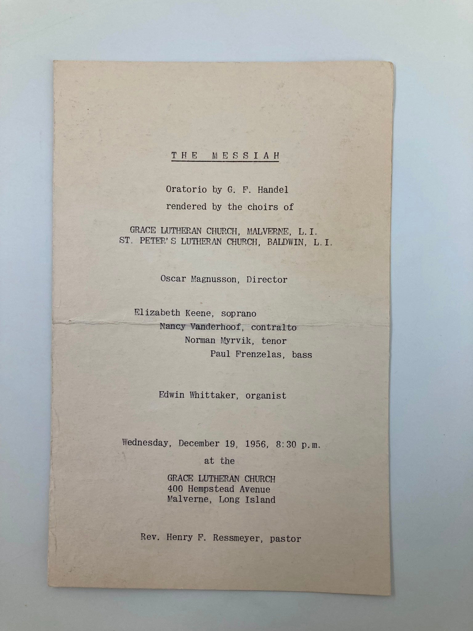 1956 Grace Lutheran Church Program The Messiah Elizabeth Keene Norman Myrvik