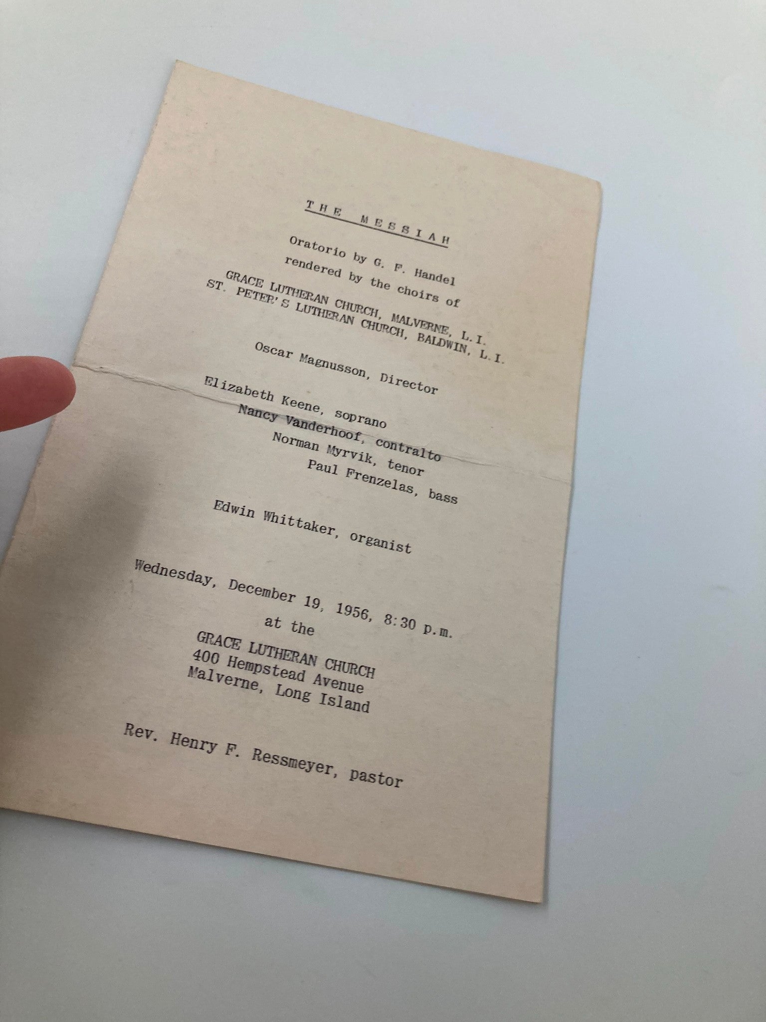 1956 Grace Lutheran Church Program The Messiah Elizabeth Keene Norman Myrvik