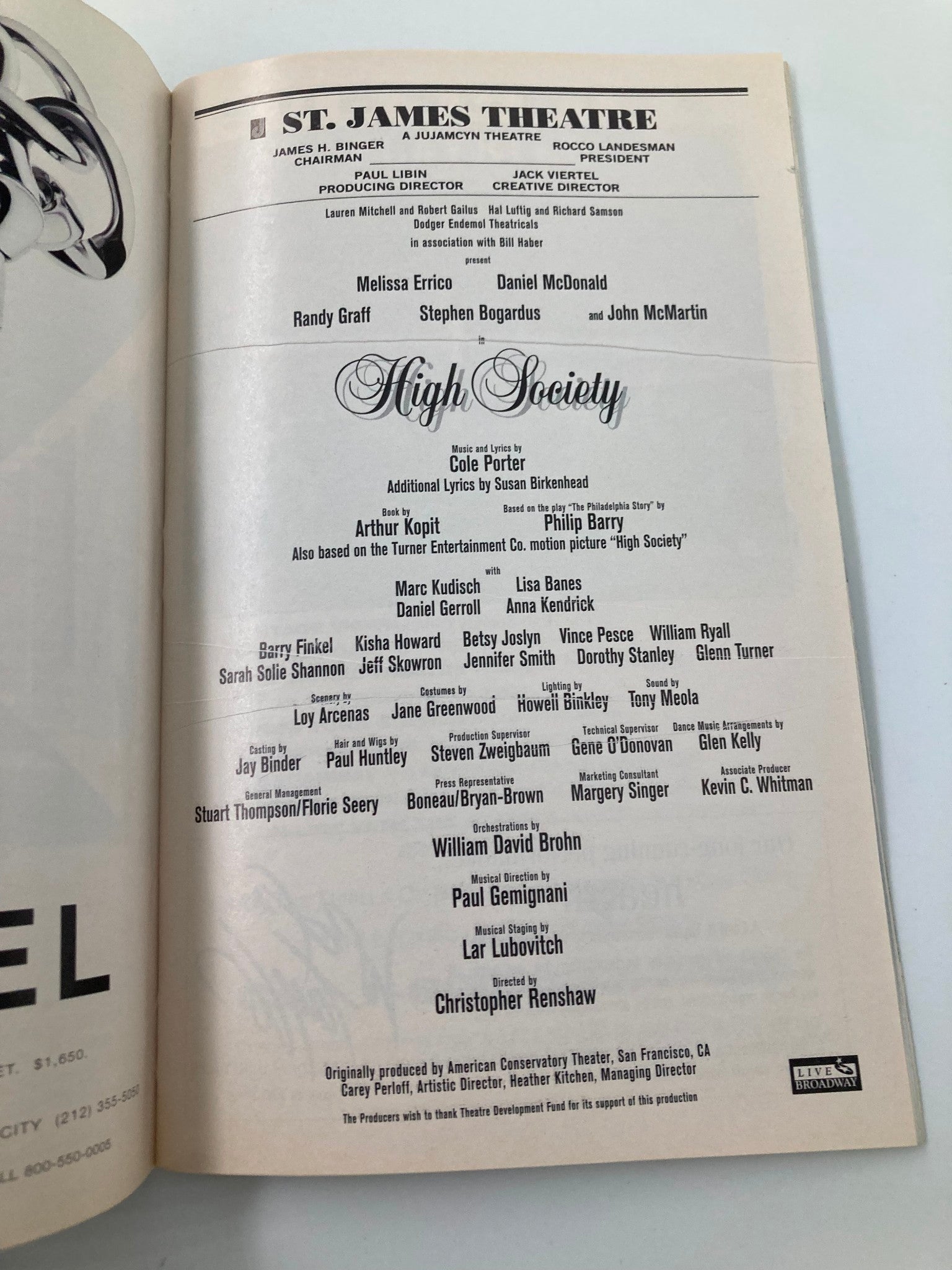 1998 Playbill St. James Theatre High Society Marc Kudisch, Lisa Banes VG