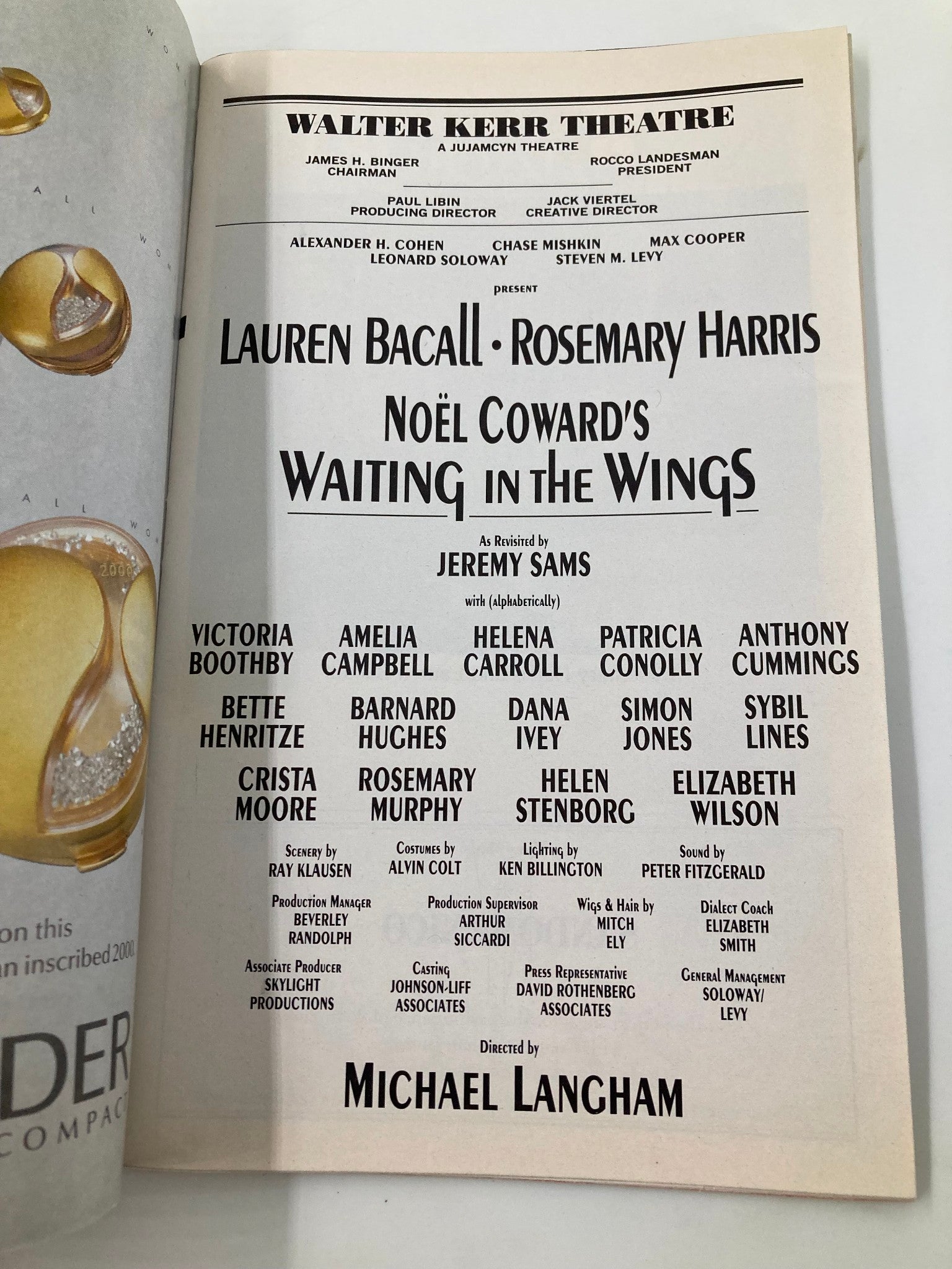 2000 Playbill Walter Kerr Theatre Waiting In The Wings Rosemary Harris VG