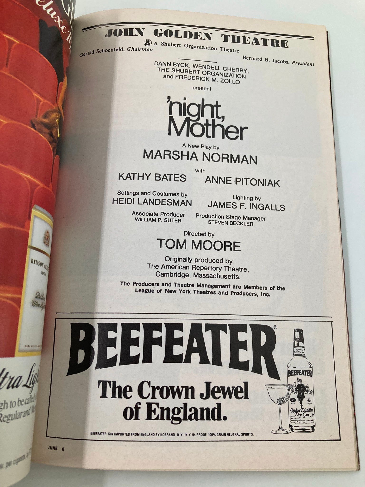 1983 Playbill John Golden Theatre 'Night Mother Kathy Bates, Anne Pitoniak VG