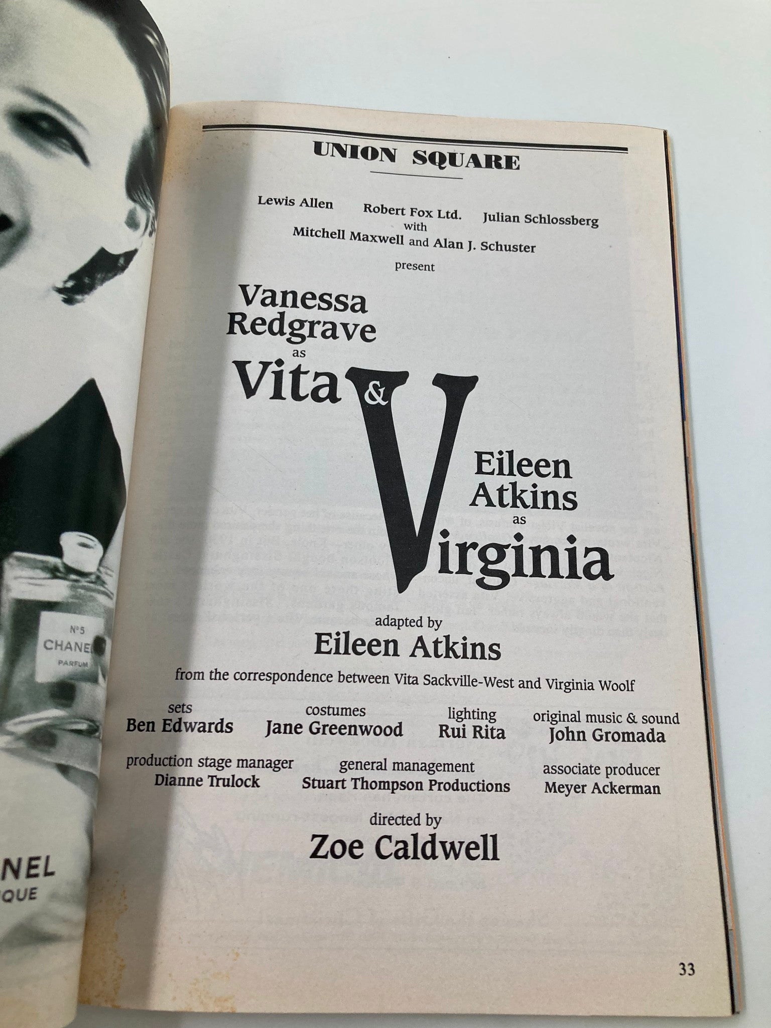 1994 Playbill Union Square Vita & Virginia Vanessas Redgrave, Eileen Atkins VG