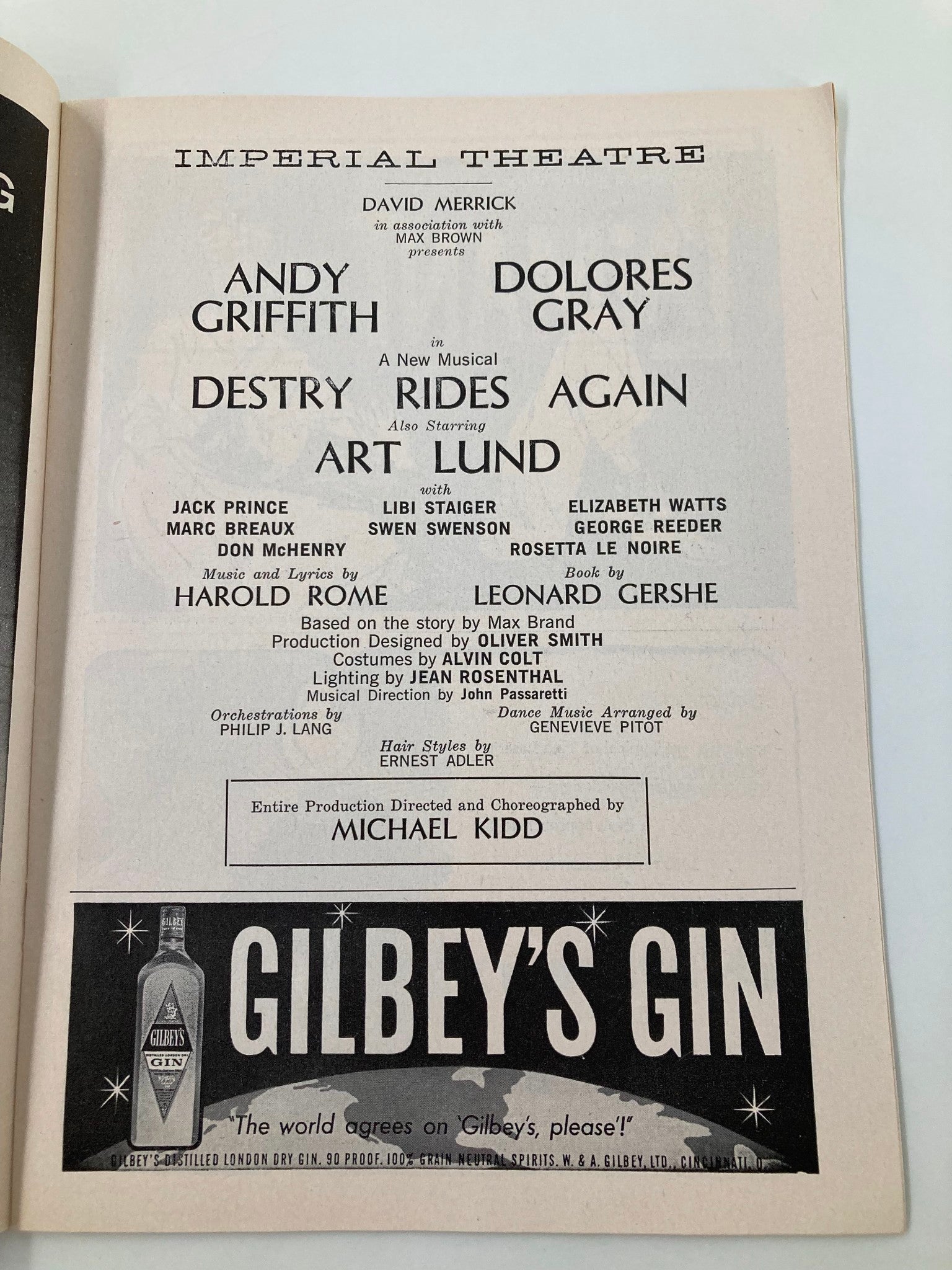 1959 Playbill Imperial Theatre Destry Rides Again Andy Griffith, Art Lund VG