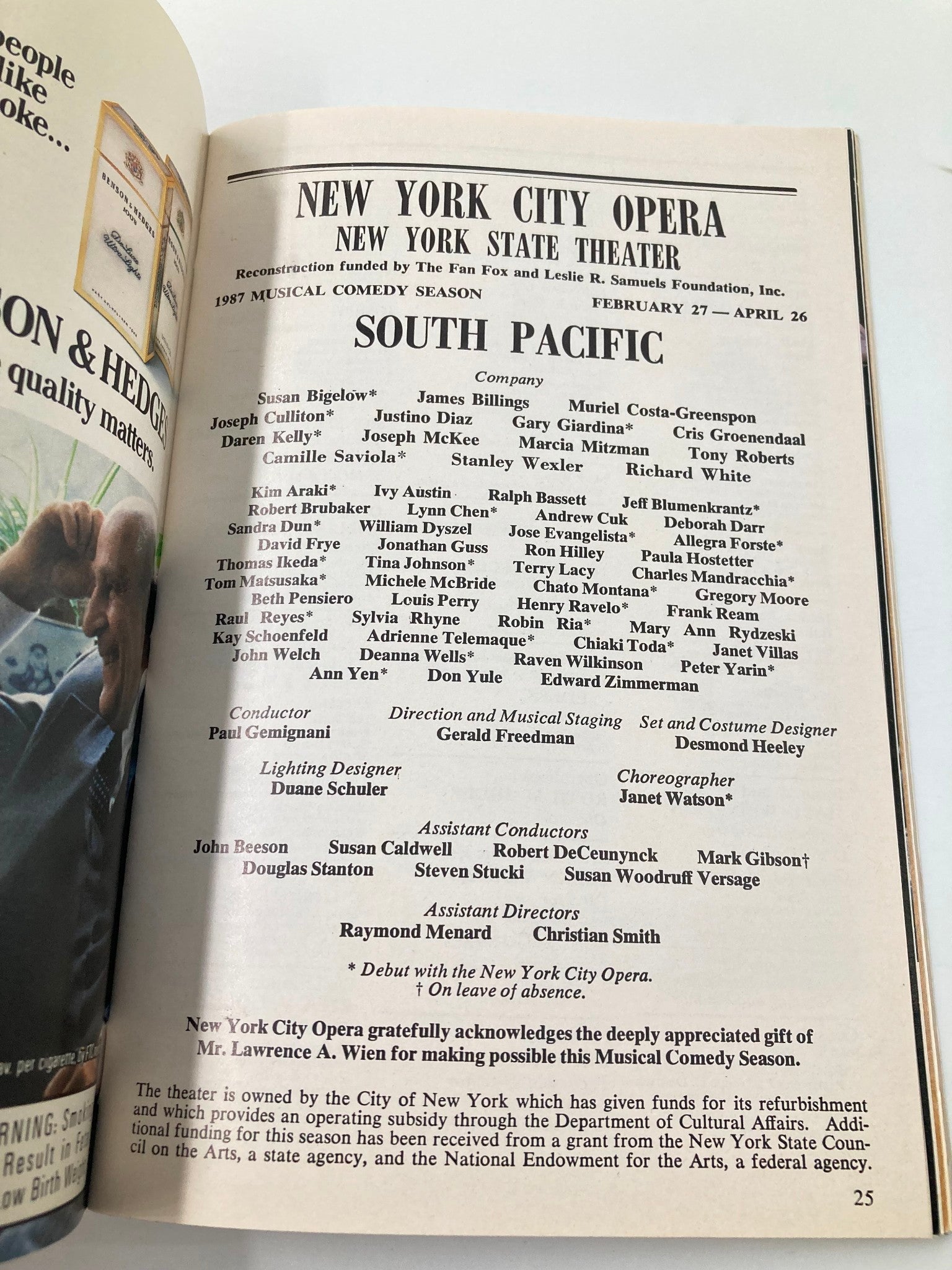 1986 New York City Opera South Pacific Susan Bigelow, James Billings VG