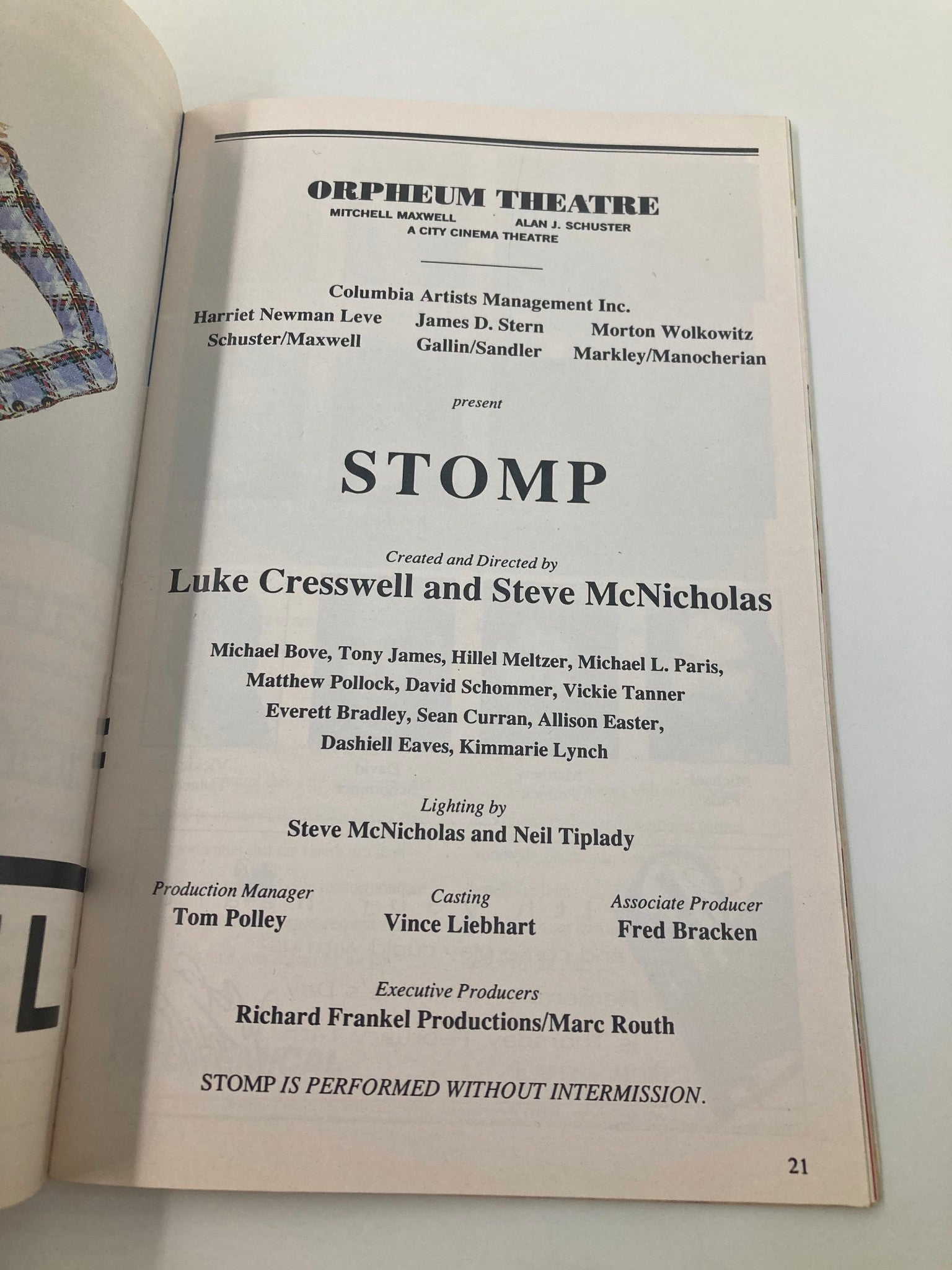 1995 Playbill Orpheum Theatre Stomp Michael Bove, Tony James, Hillel Meltzer