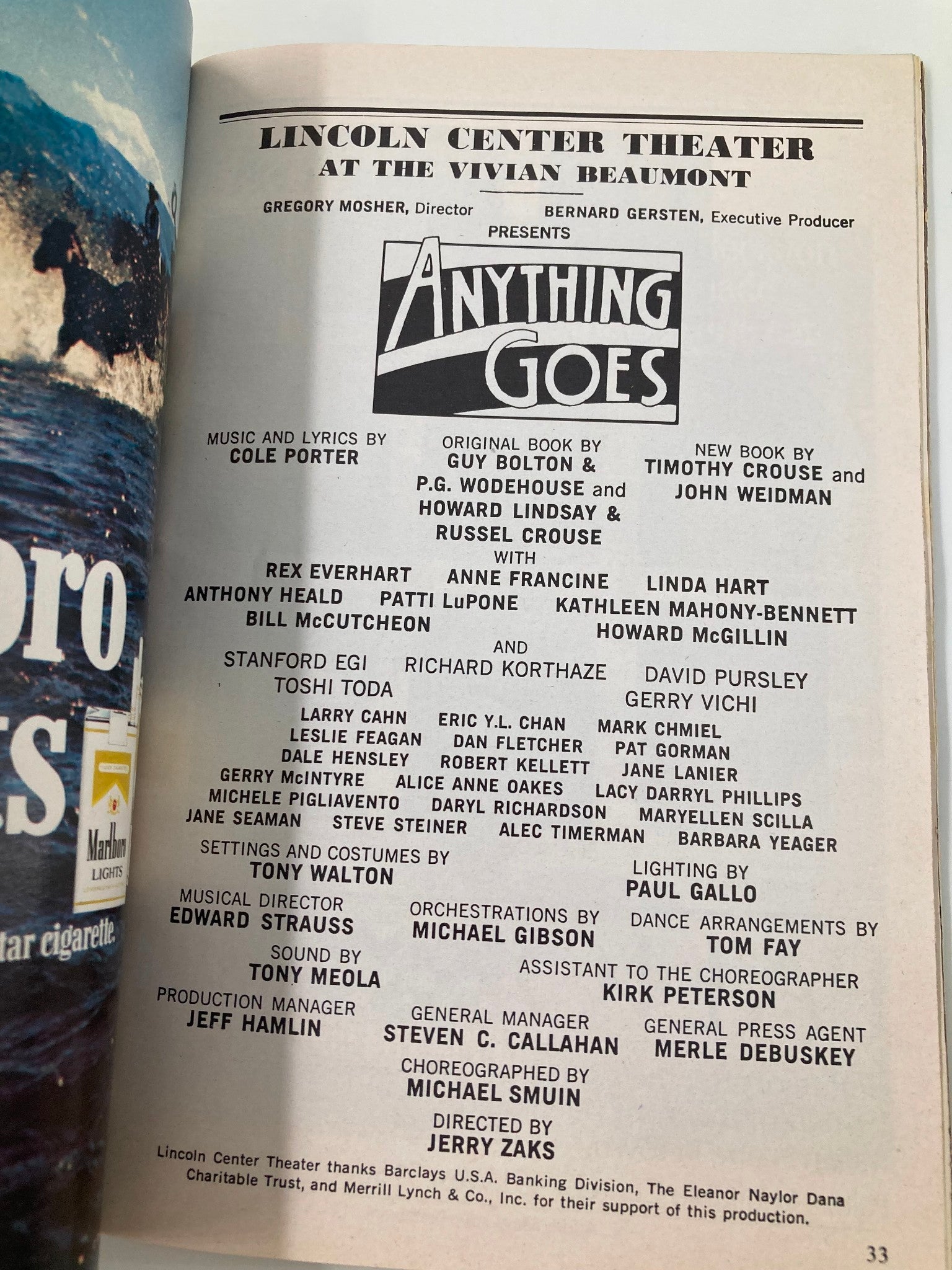 1987 Playbill Lincoln Center Theater Anything Goes Anne Francine, Patti LuPone