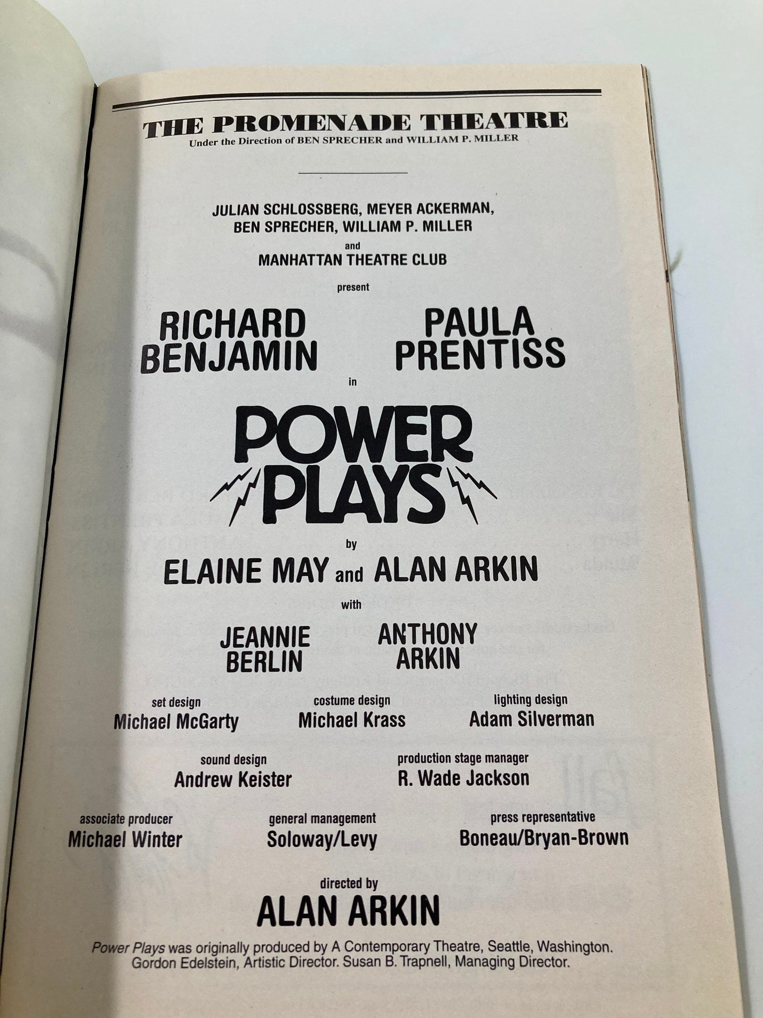 1998 Playbill The Promenade Theatre Power Plays Richard Benjamin, Paula Prentiss