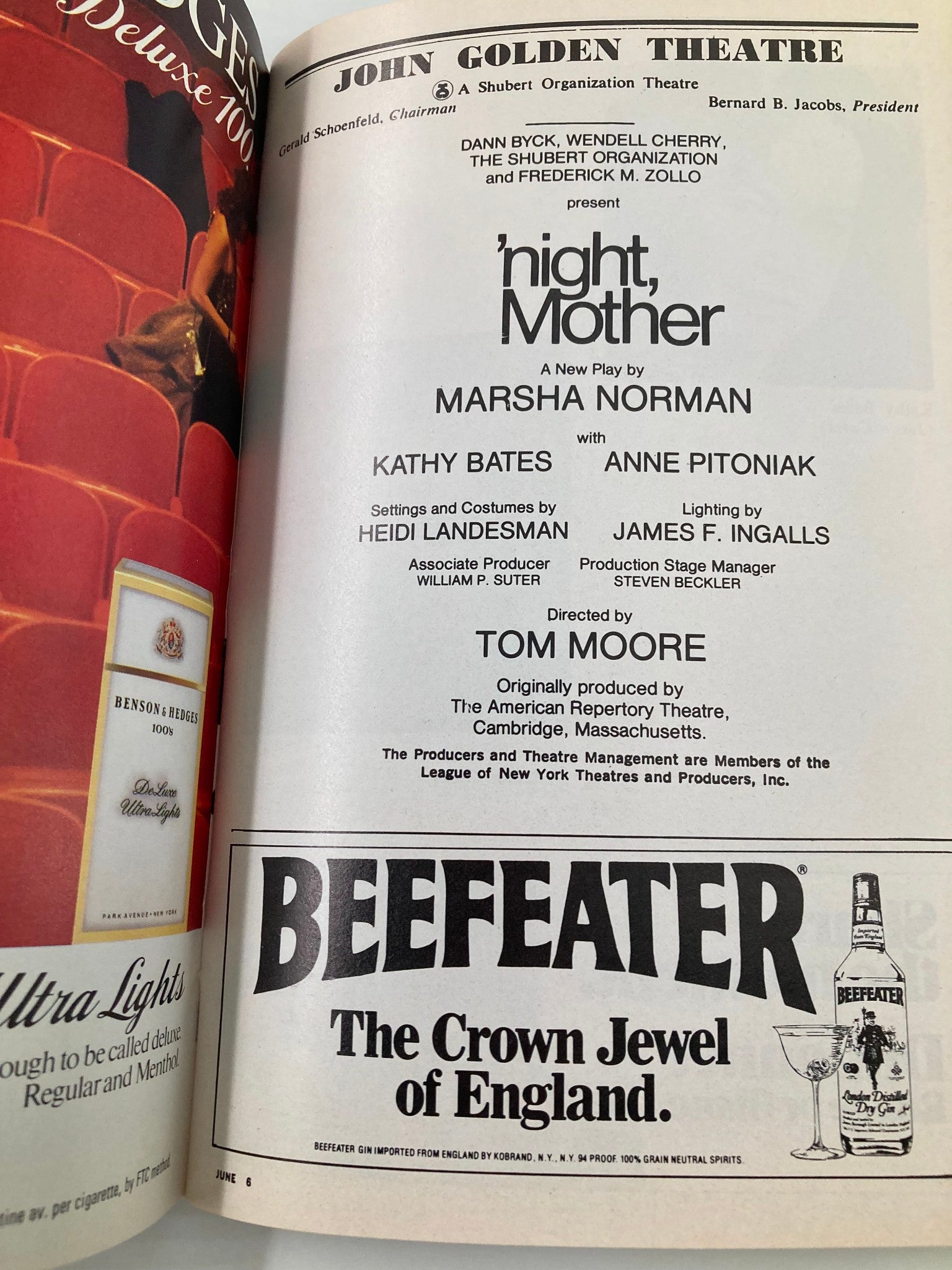 1983 Playbill John Golden Theatre 'Night Mother Kathy Bates, Anne Pitoniak