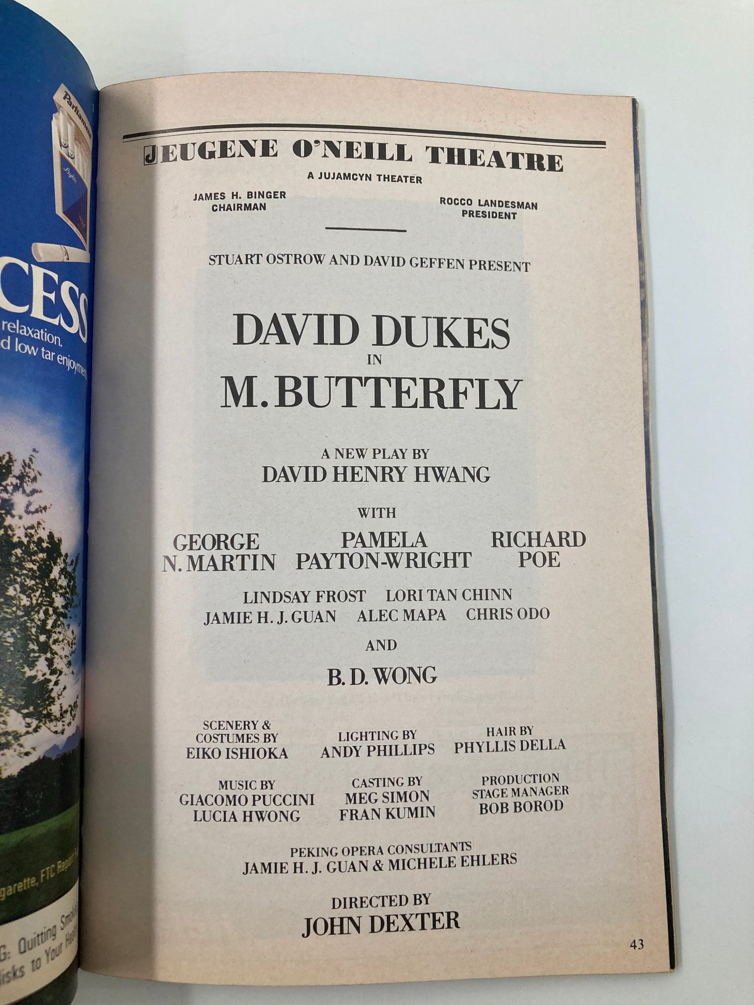 1988 Playbill Eugene O'Neill Theatre David Dukes, Richard Poe in M. Butterfly