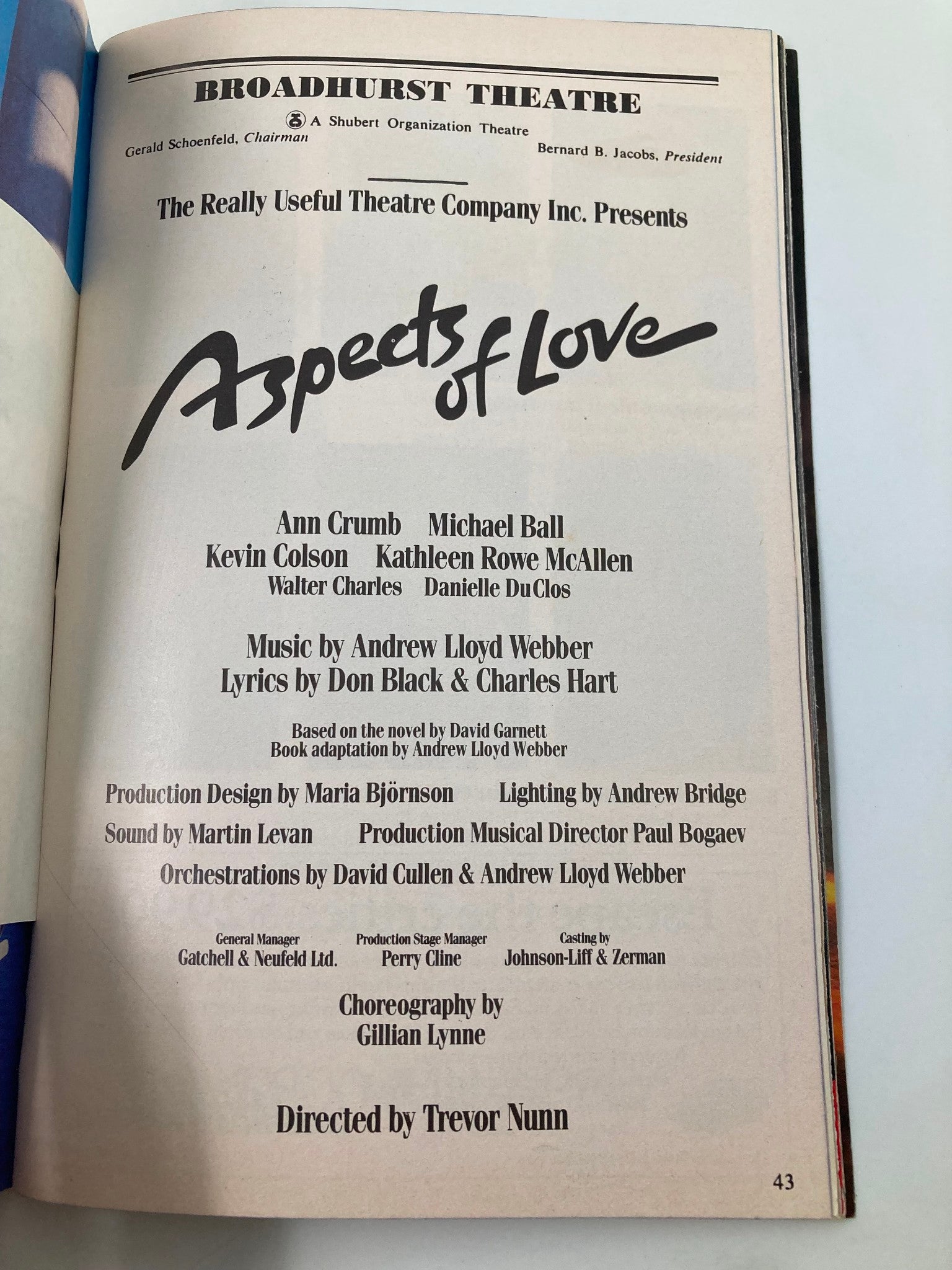 1990 Playbill Broadhurst Theatre Aspects of Love Ann Crumb, Michael Ball