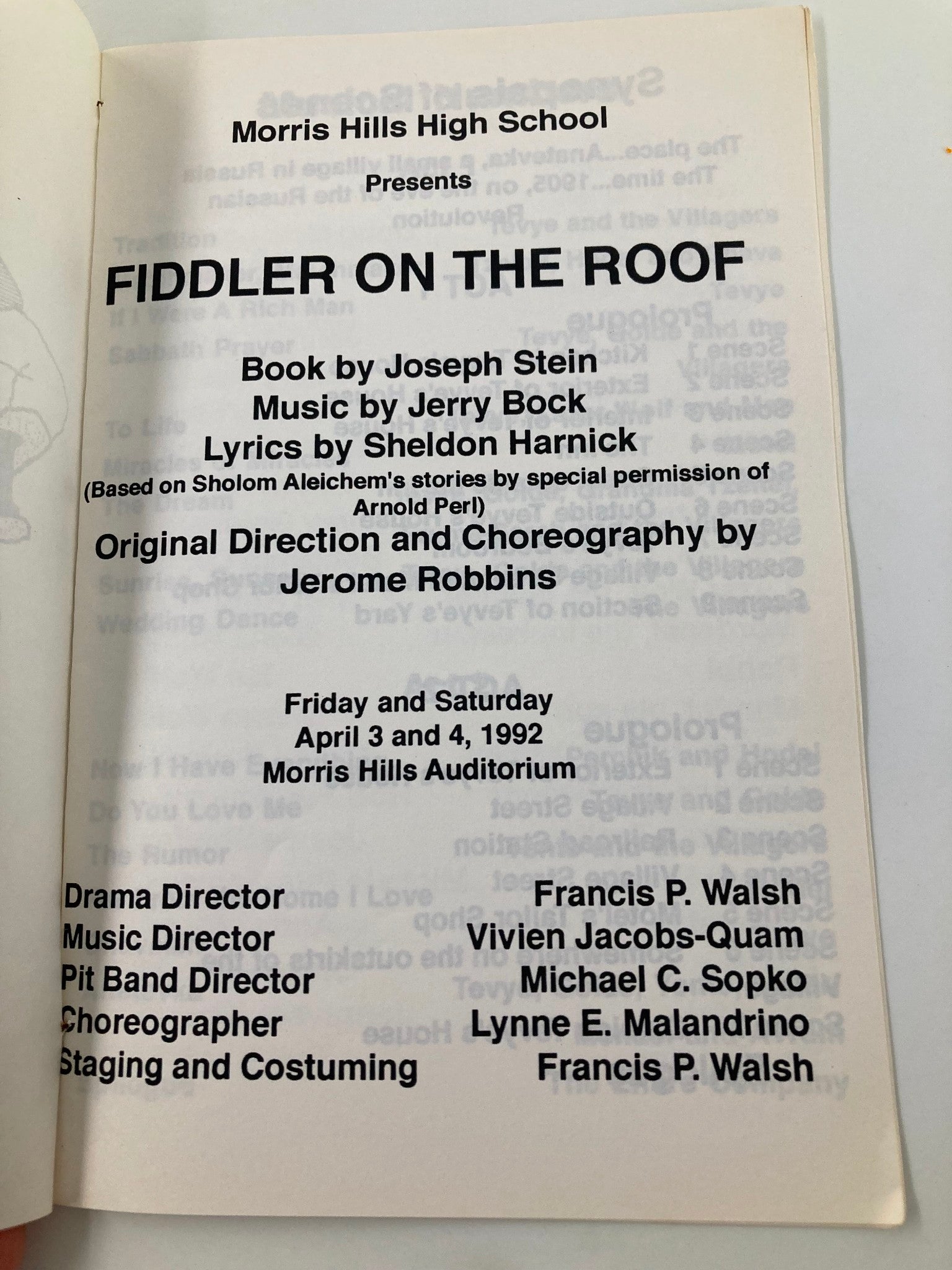 Inside cover page of the 1992 Morris Hills High School Fiddler On The Roof program featuring production details, including book and music credits.