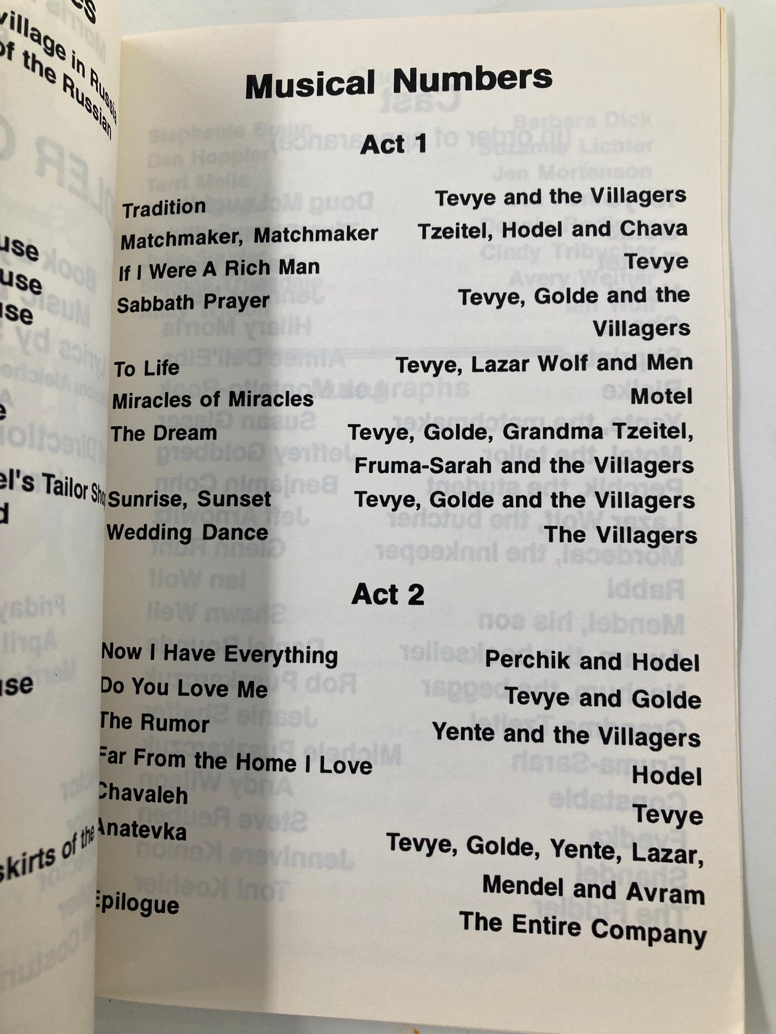 Musical numbers list from the 1992 Morris Hills High School Fiddler On The Roof program, detailing songs featured in the production.