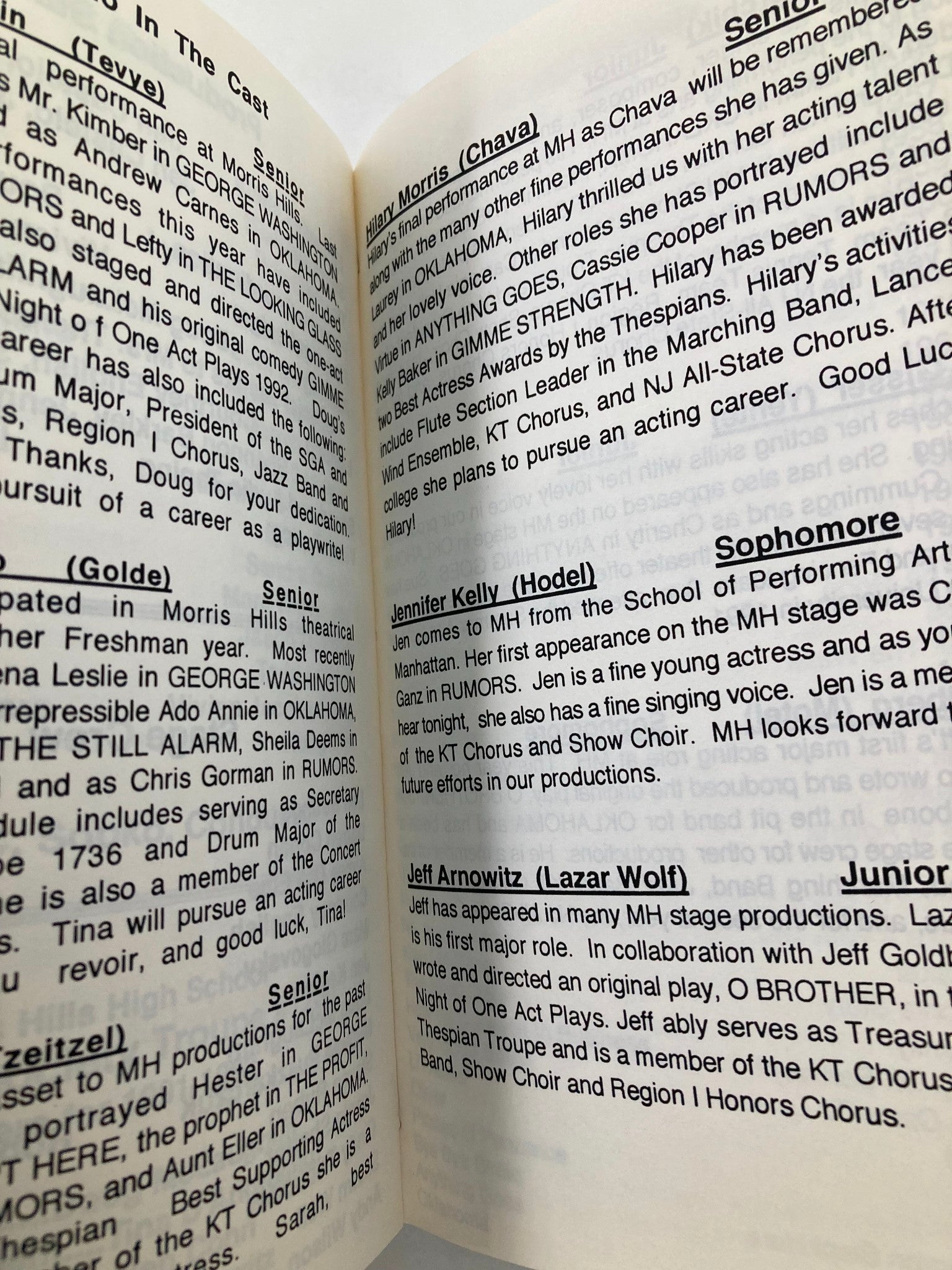 Cast list section from the 1992 Morris Hills High School Fiddler On The Roof program, highlighting key performers and their roles.