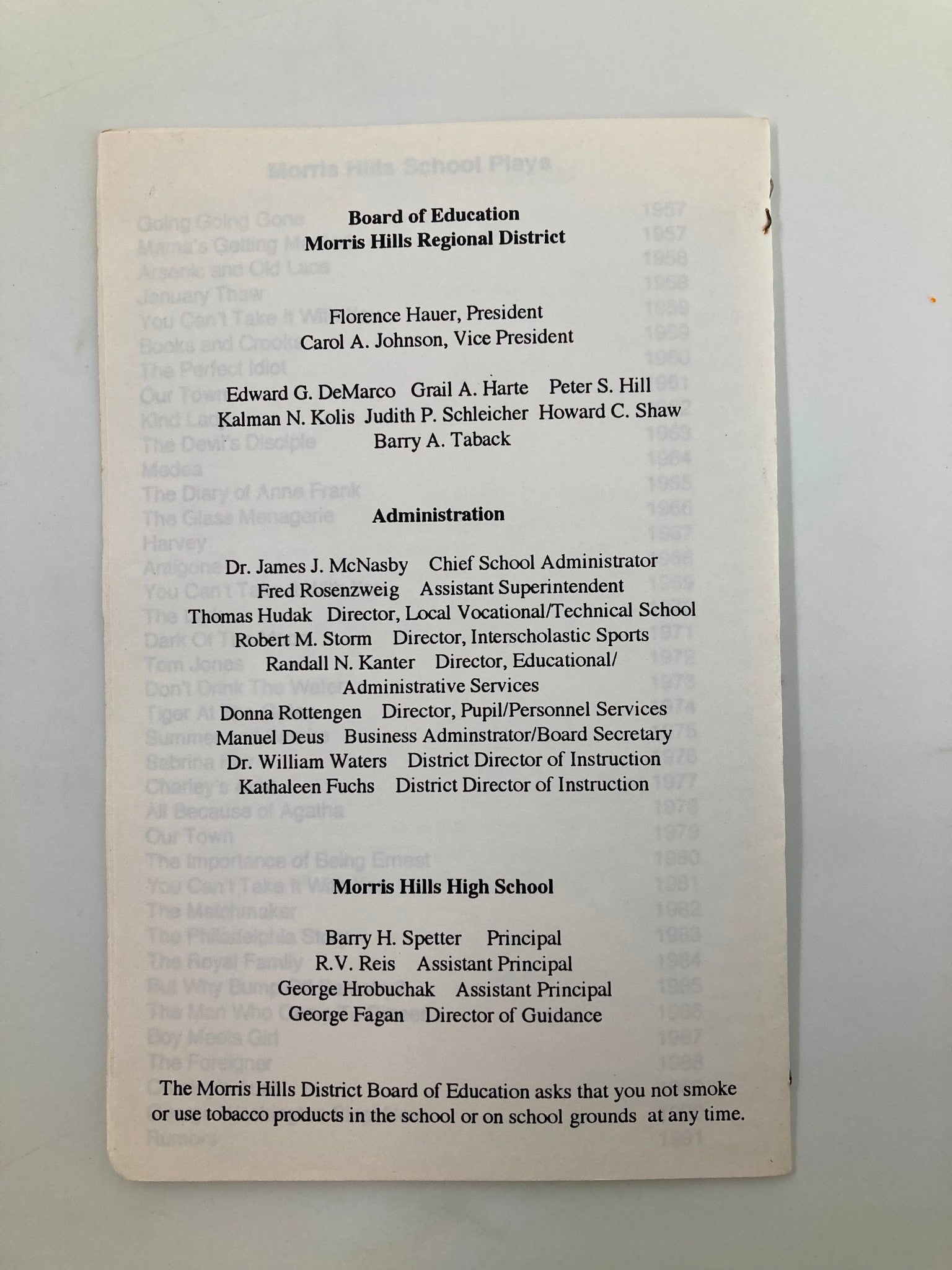 Back cover of the 1992 Morris Hills High School Fiddler On The Roof program, listing the board of education and administrative details of the school.