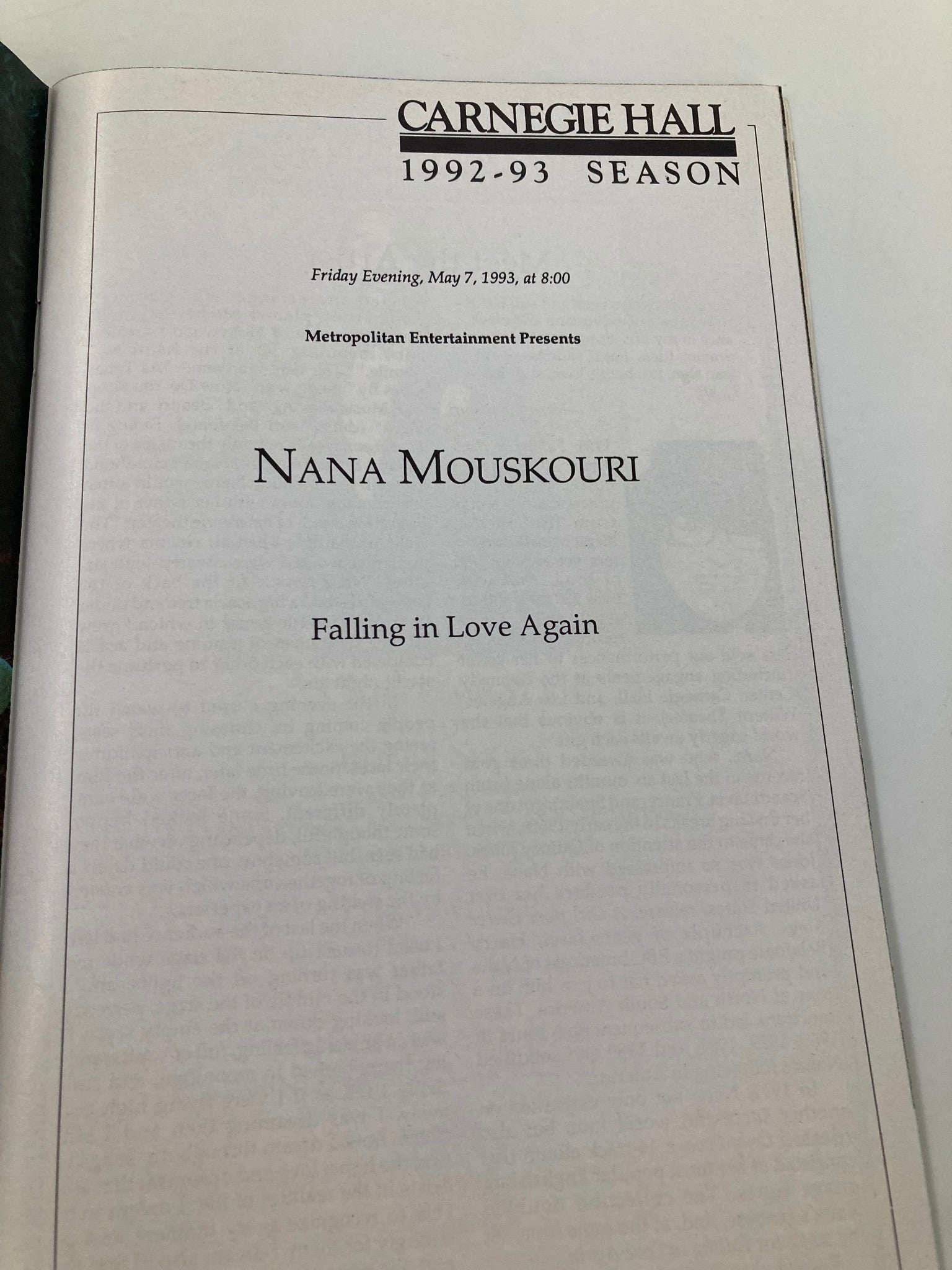 1993 Stagebill Carnegie Hall Nana Mouskouri Falling In Love Again