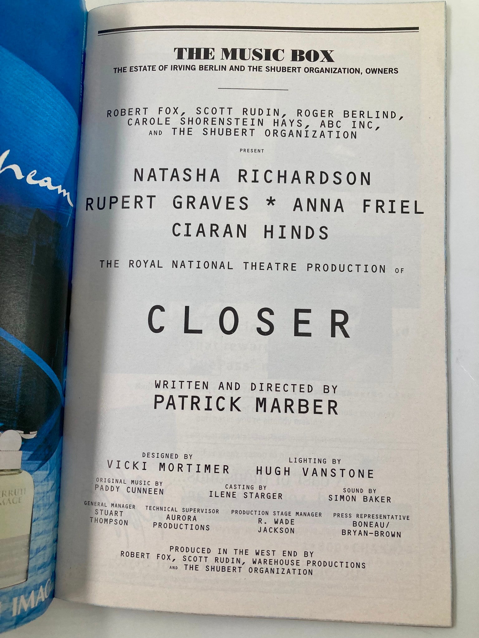 1999 Playbill The Music Box Closer Natasha Richardson, Rupert Graves VG