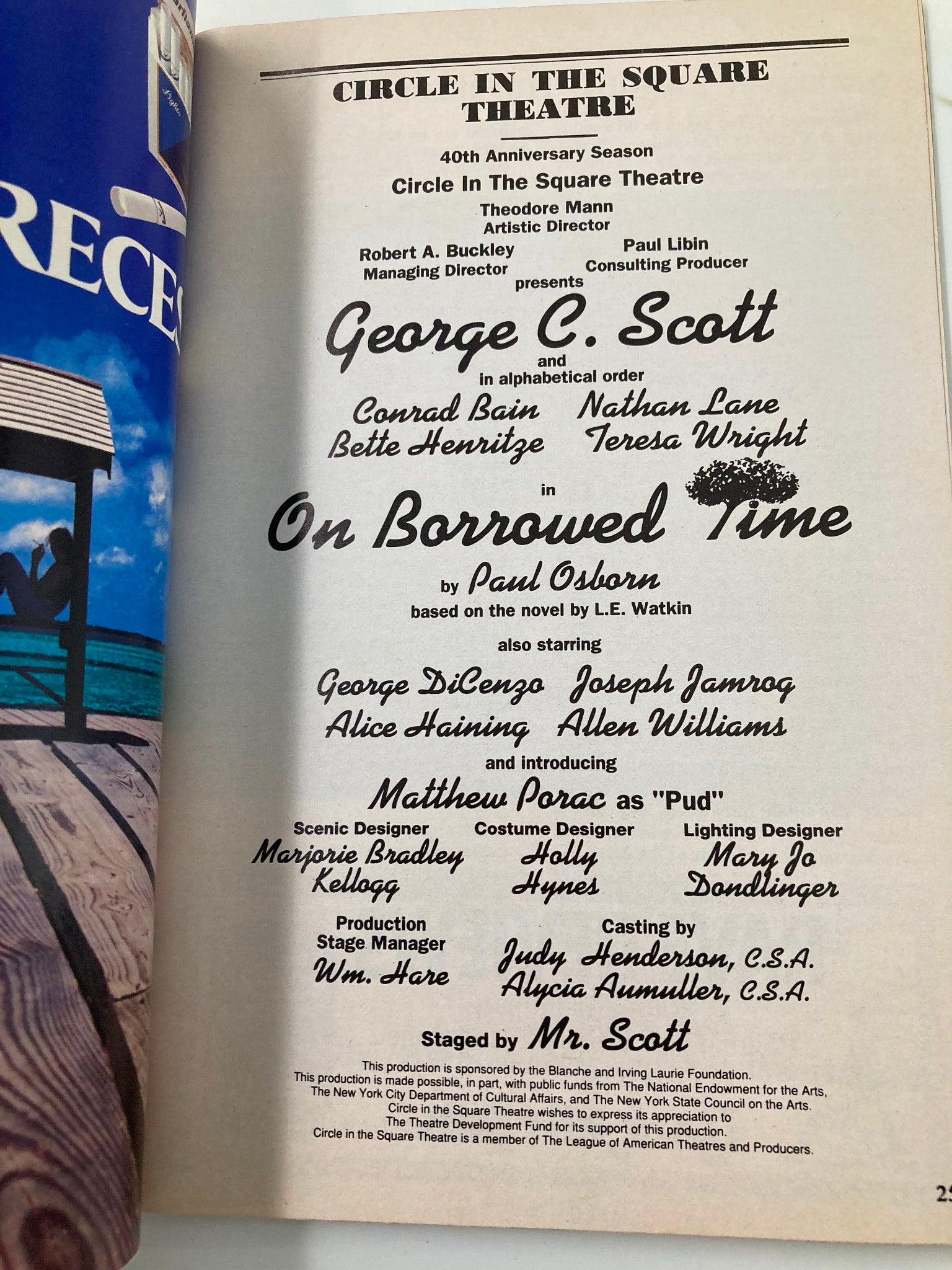 1991 Playbill Circle in the Square Theatre George C Scott in On Borrowed Time VG