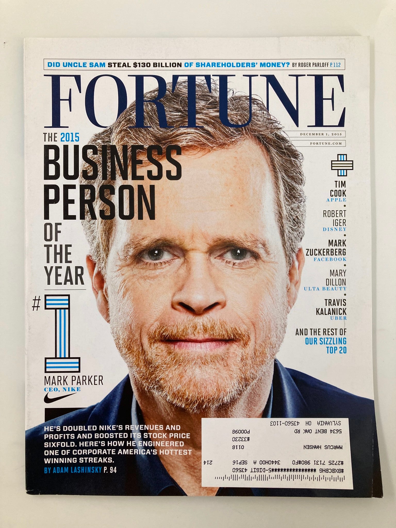 Fortune Magazine December 1 2015 Mark Parker Nike CEO, Tim Cook of Apple VG