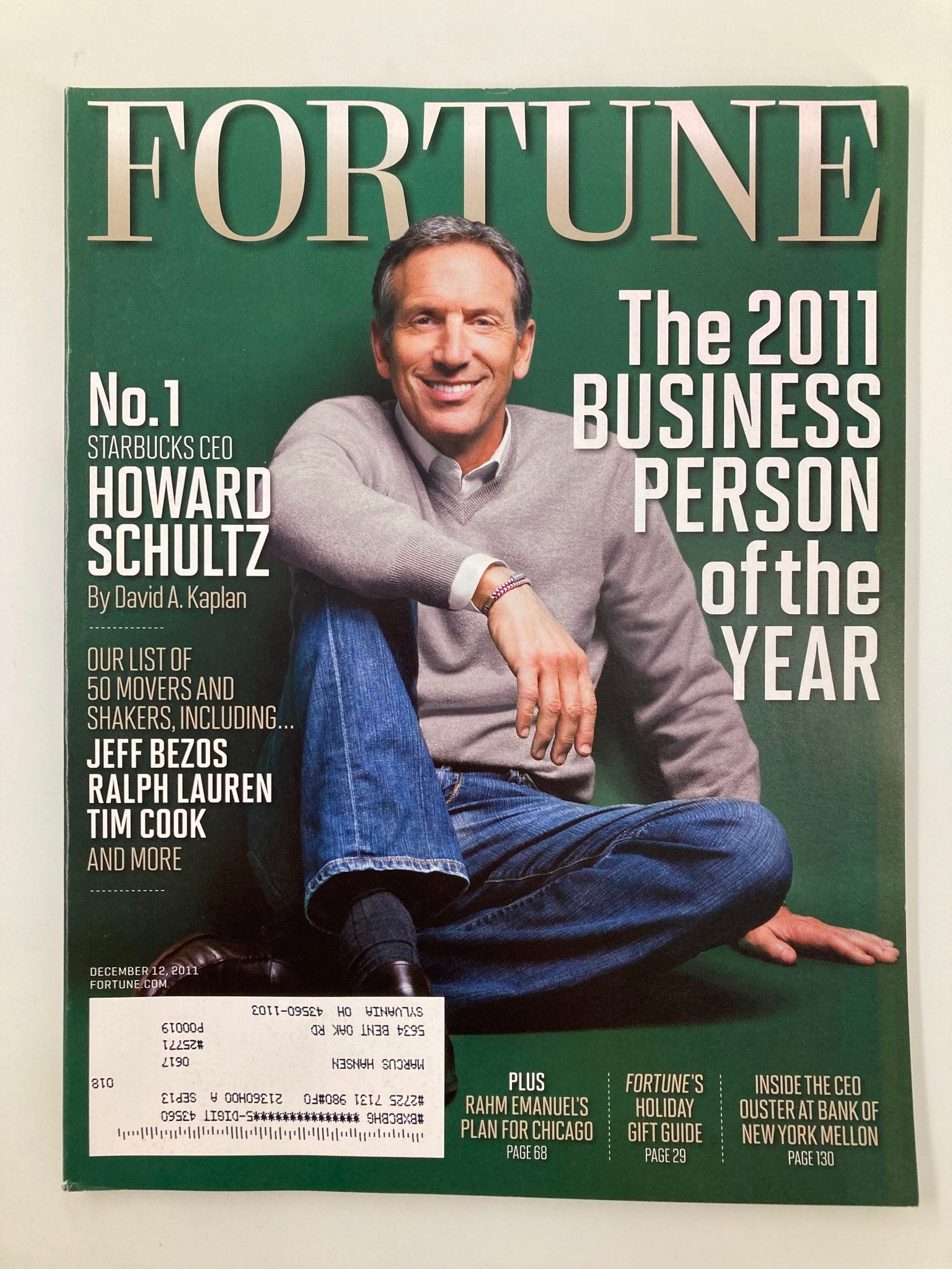Fortune Magazine December 12 2011 Edition featuring Howard Schultz, Starbucks CEO, on the cover, highlighting him as the Business Person of the Year with a portrait and details about influential business figures.