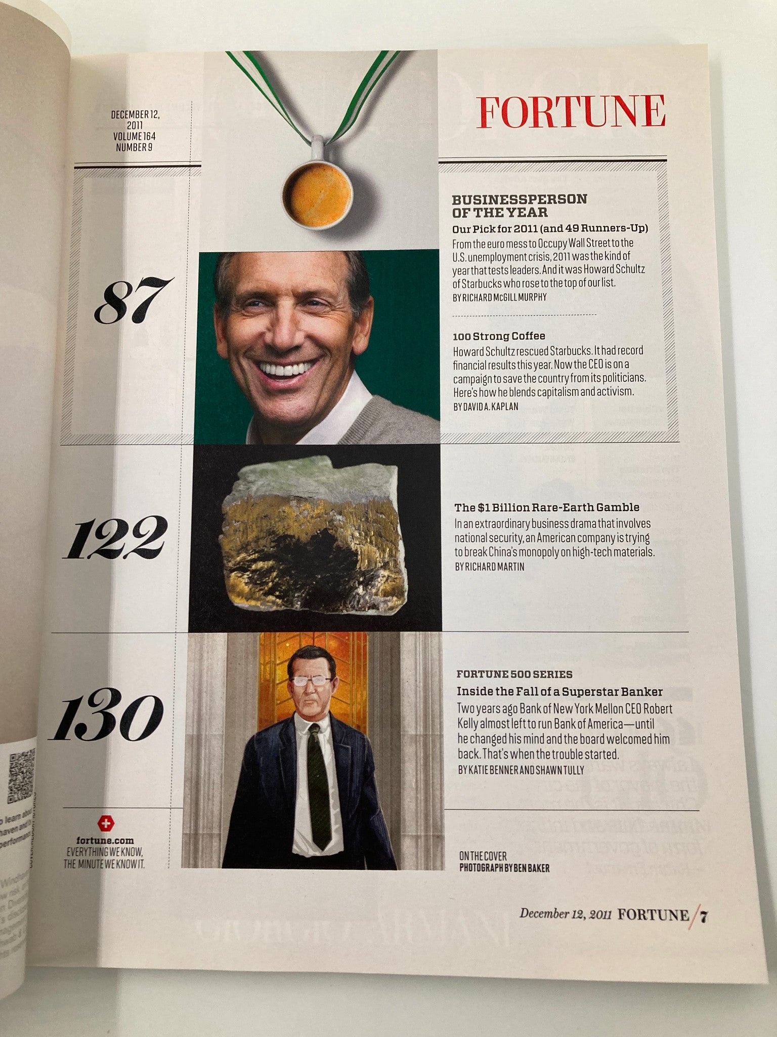 Inside page of Fortune Magazine December 12 2011 Edition, showcasing Howard Schultz as the Business Person of the Year, alongside articles on business ventures and notable figures like Jeff Bezos and Tim Cook.