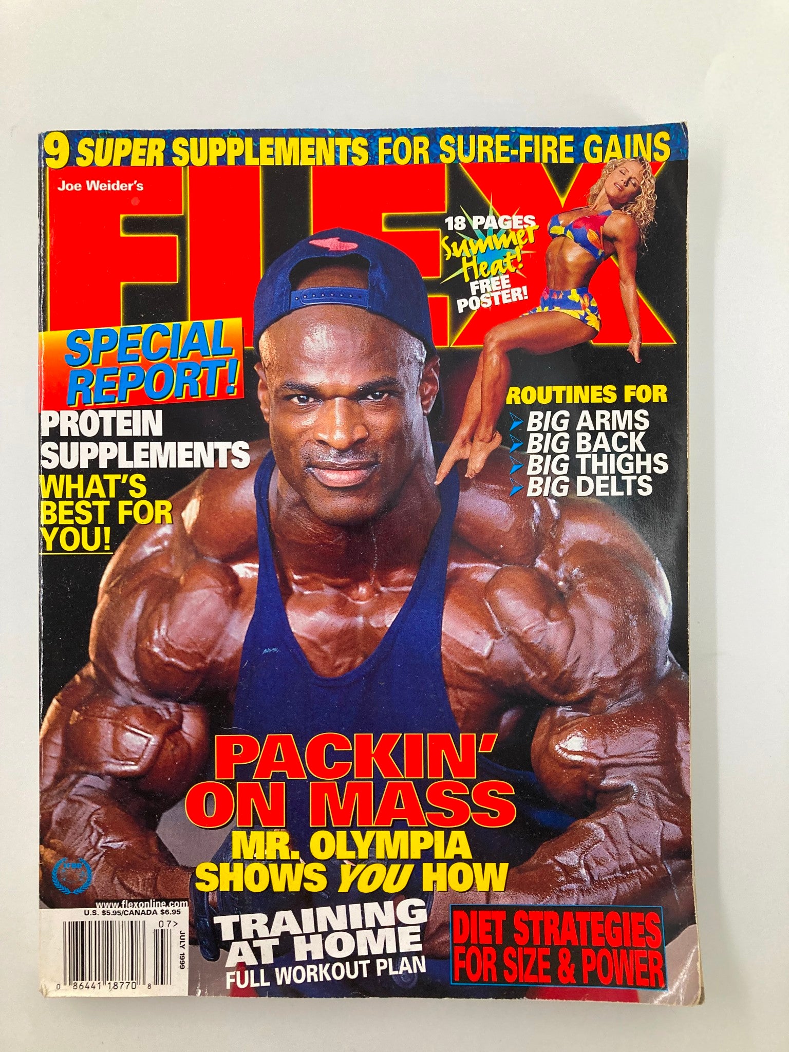 Joe Weider's Flex Magazine July 1999 cover featuring Mr. Olympia Ronnie Coleman, showcasing bodybuilding tips and nutritional strategies, and a fitness model on the cover.