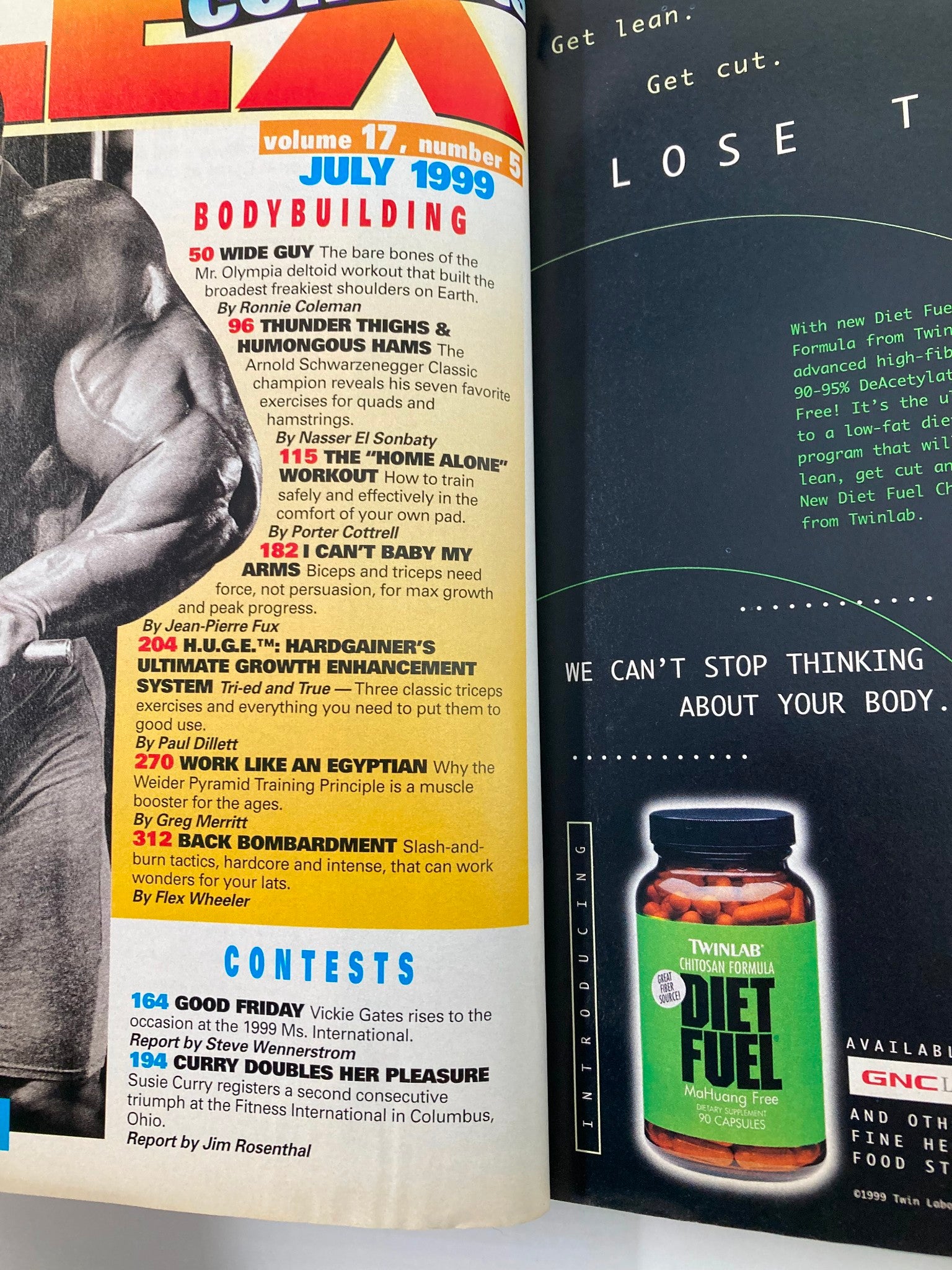 Inside view of Joe Weider's Flex Magazine July 1999 featuring articles on bodybuilding, including workouts by Ronnie Coleman, training tips, and nutrition.