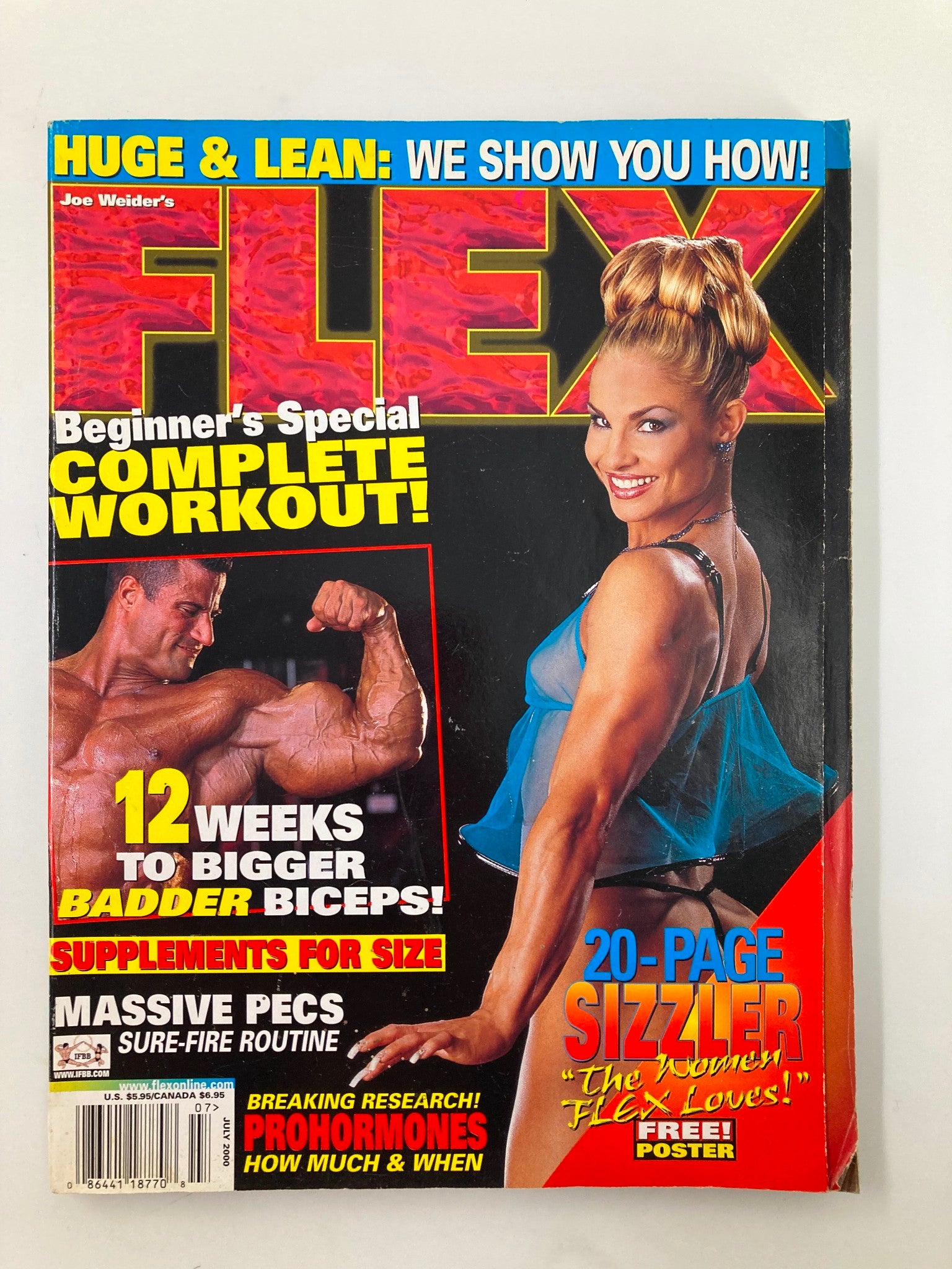 Cover of Joe Weider's Flex Magazine July 2000 featuring the title '12 Weeks To Bigger Badder Biceps,' showcasing a fitness model and emphasizing bodybuilding with highlights on workouts and supplements.