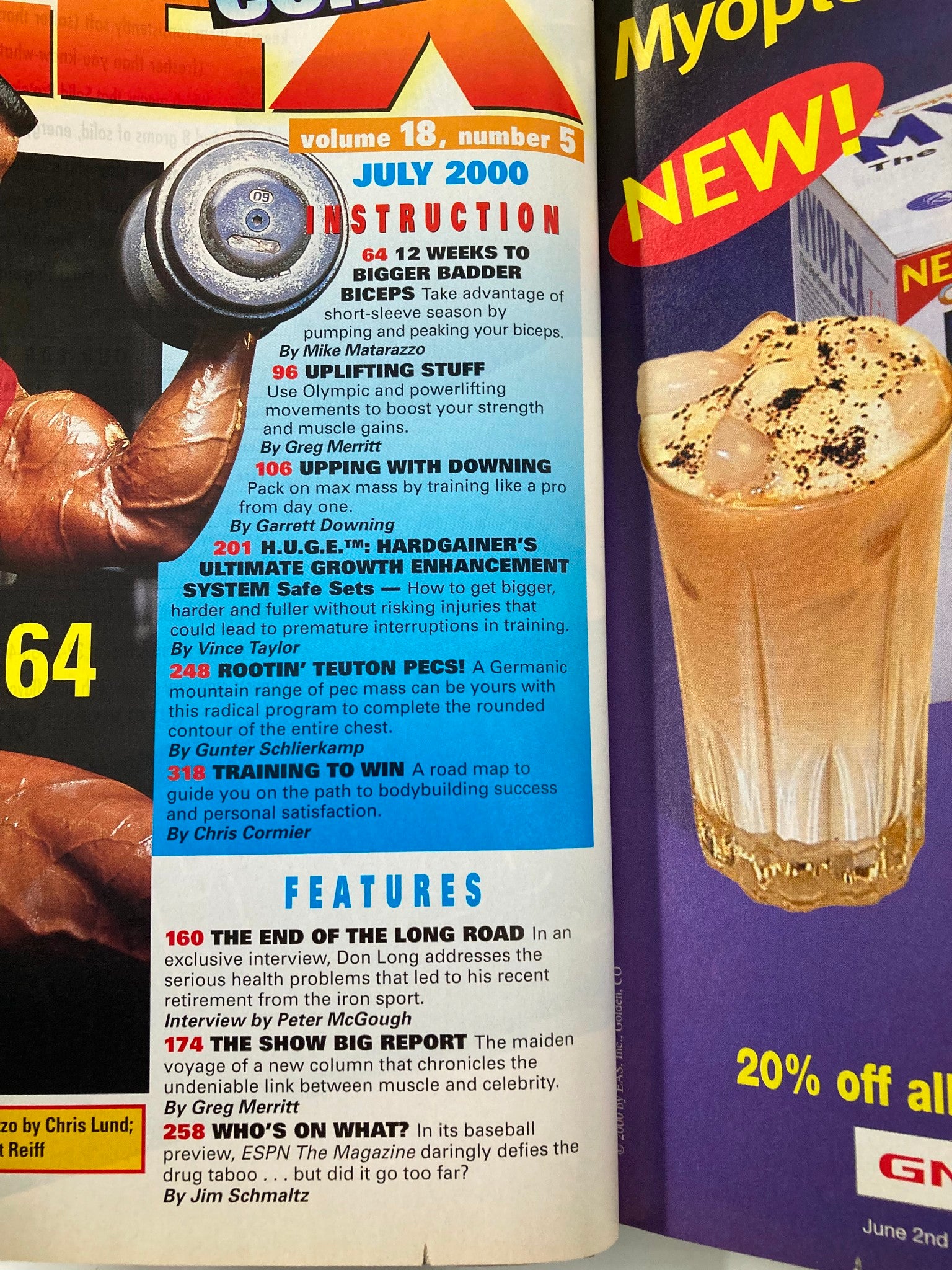 Image from Joe Weider's Flex Magazine July 2000, featuring the article '12 Weeks To Bigger Badder Biceps' with a bicep curl weight and fitness tips, encapsulating early 2000s bodybuilding culture.