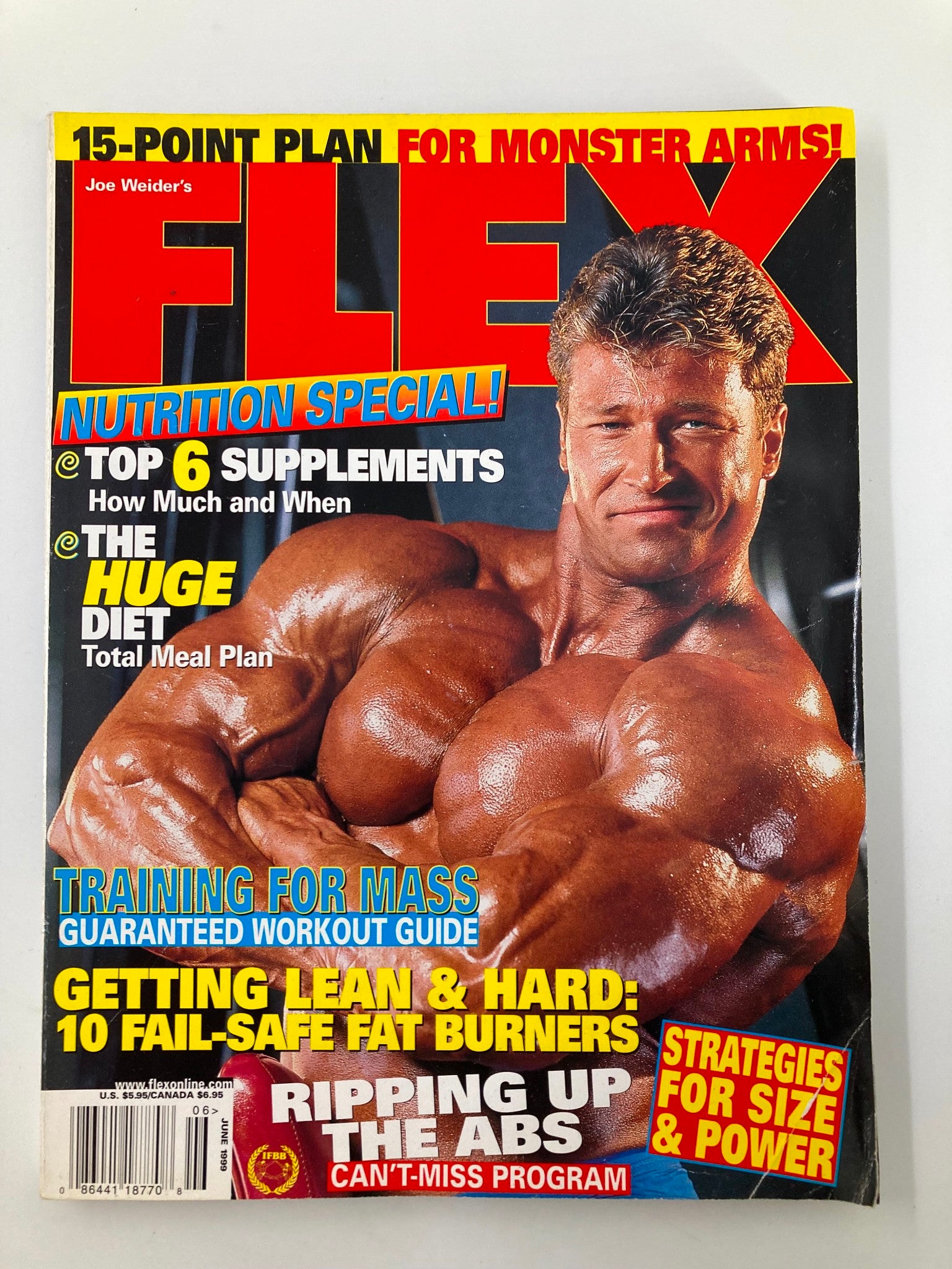 Cover of Joe Weider's Flex Magazine June 1999 featuring the headline 'Nutrition Special!' with a muscular man and the 'Huge Diet Total Meal Plan' article highlight.