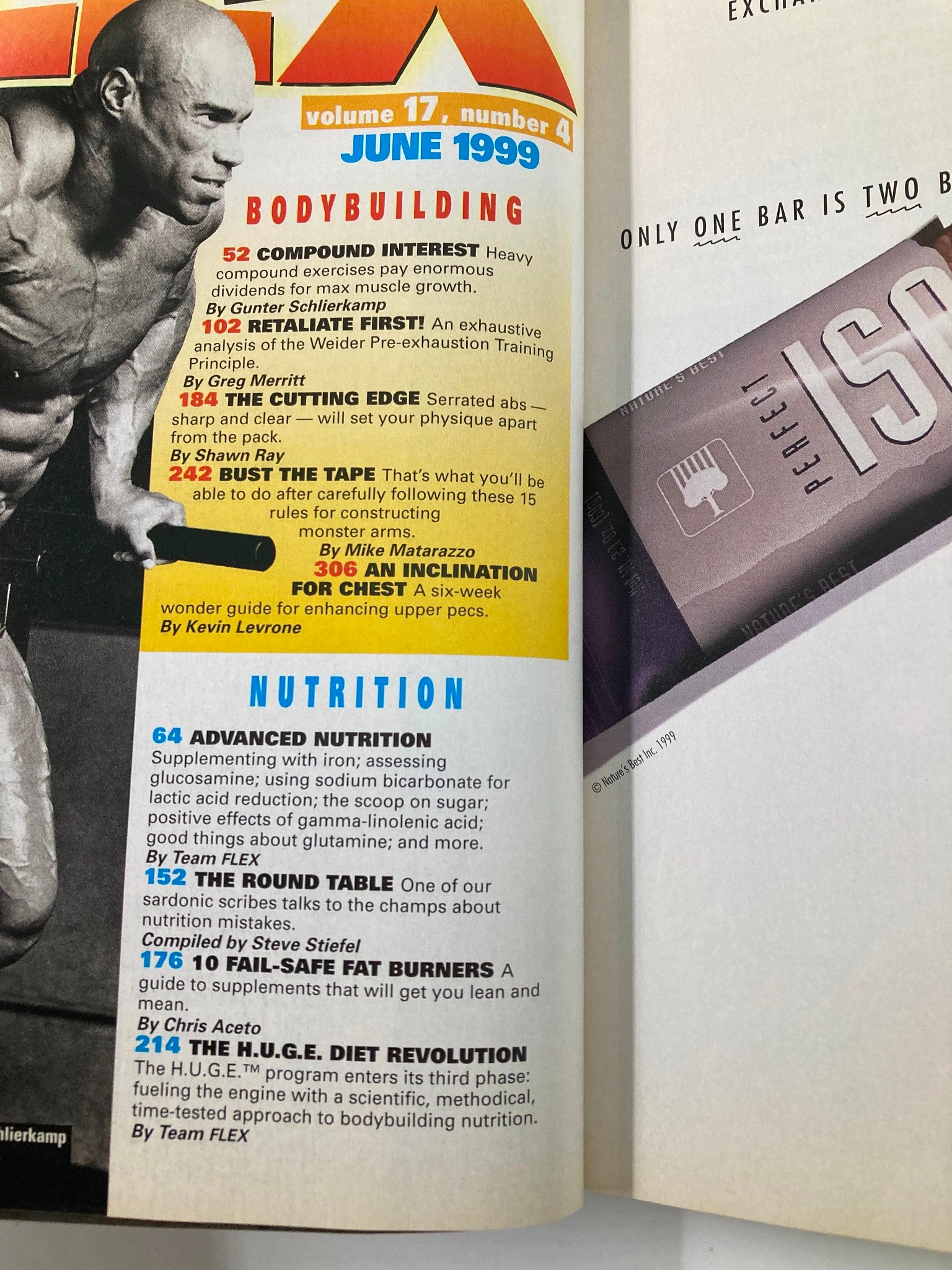 Interior page of Joe Weider's Flex Magazine June 1999 showcasing various articles including 'Advanced Nutrition' and '10 Fail-Safe Fat Burners' with a focus on bodybuilding.