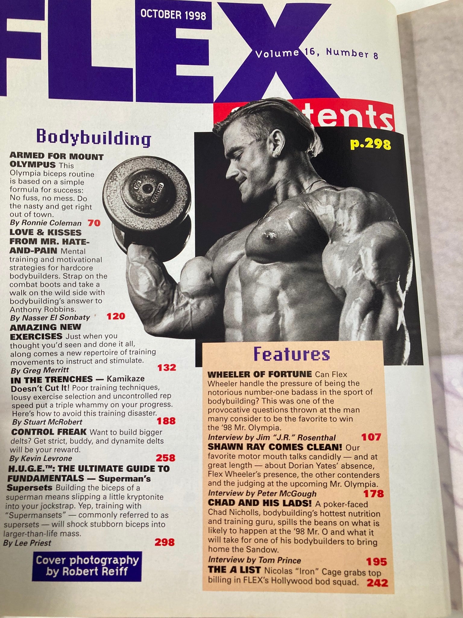 Interior page of Joe Weider's Flex Magazine October 1998 showcasing bodybuilding content, highlighting an article by Ronnie Coleman and the table of contents for fitness enthusiasts.