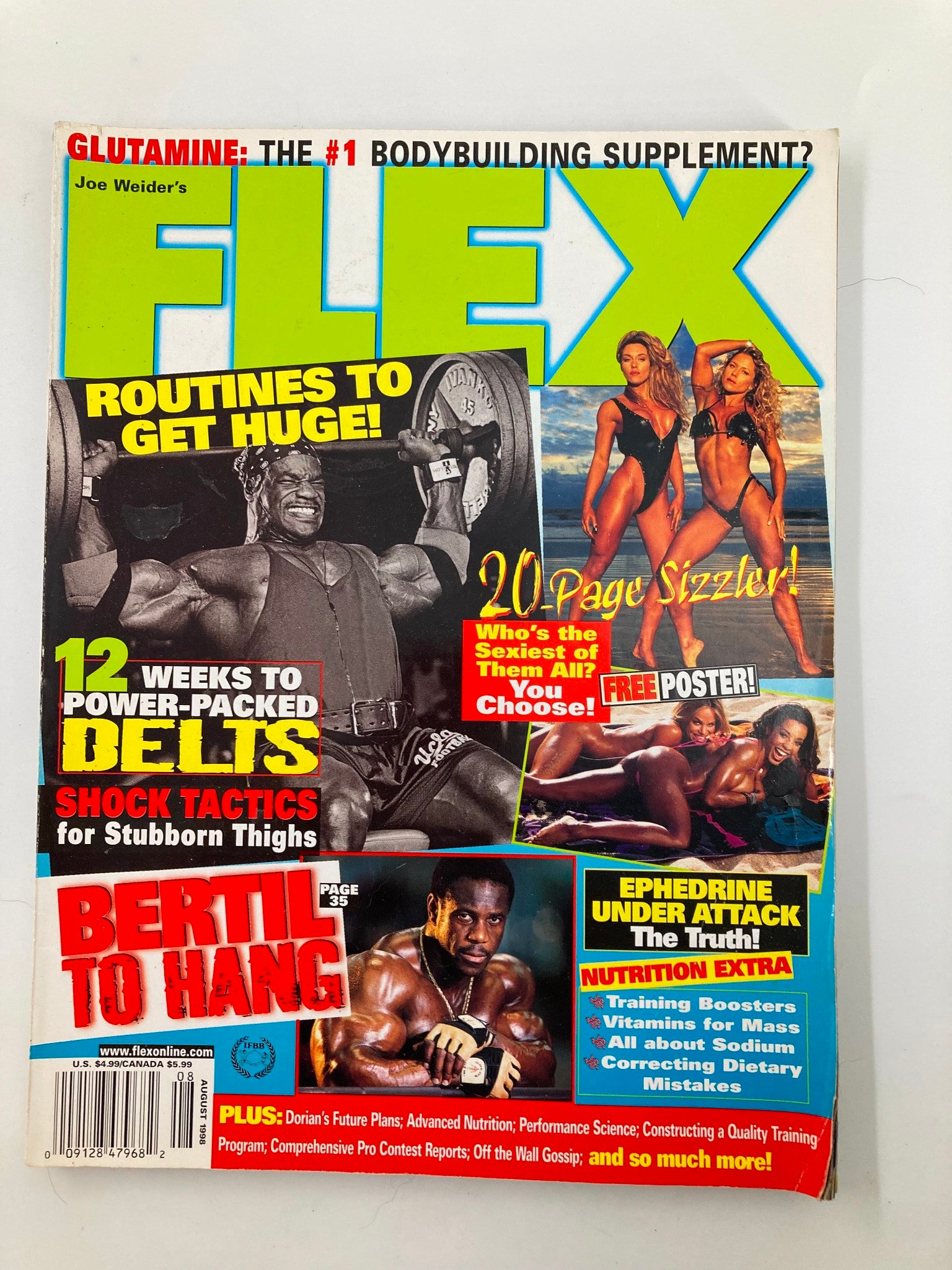 Joe Weider's Flex Magazine August 1998 cover featuring bodybuilding highlights, trainings, and routines. The magazine showcases strong athletes, including dramatic headlines and vibrant imagery related to fitness culture.