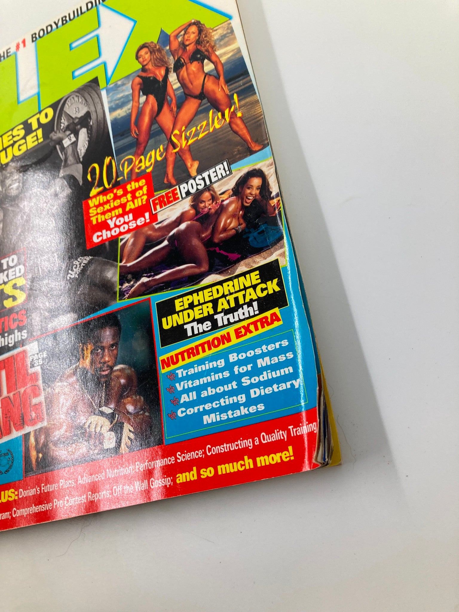 Cover of Joe Weider's Flex Magazine August 1998 featuring stunning female bodybuilders, promotional text for a free poster, and highlights of nutrition and training tips.