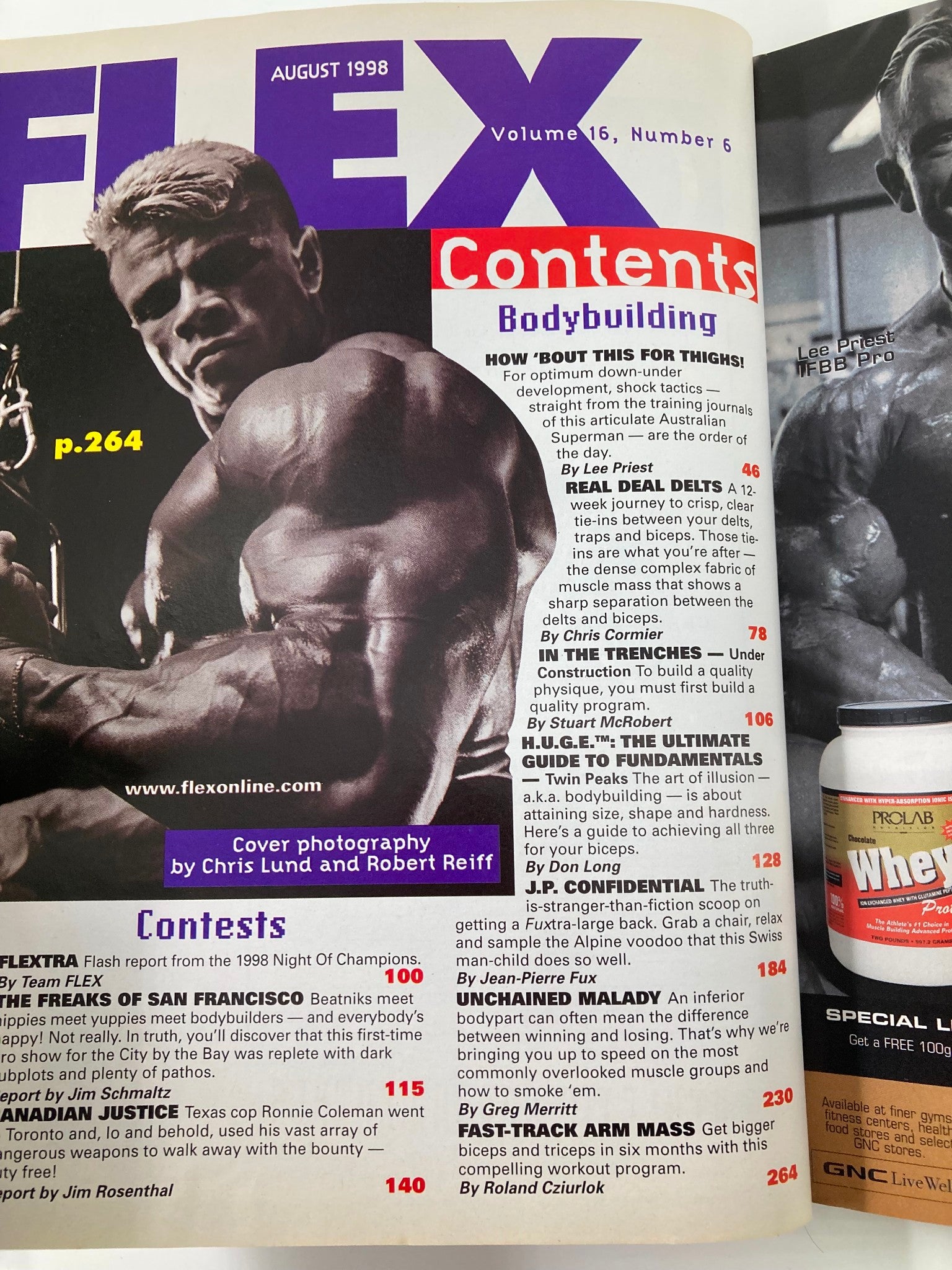 Contents page of Joe Weider's Flex Magazine August 1998, showcasing articles on bodybuilding, including 'The Freaks of San Francisco' and photographs of bodybuilder Lee Priest.
