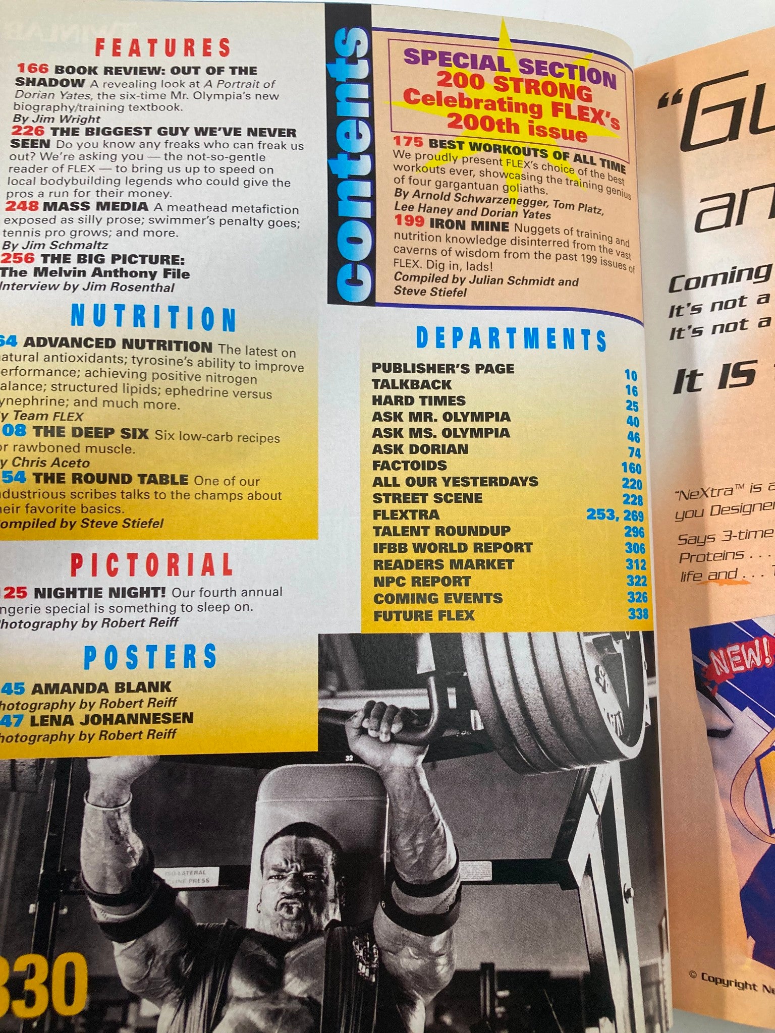 Content page of Joe Weider's Flex Magazine October 1999, highlighting features including fitness articles and interviews, showcasing the magazine's influence in bodybuilding and nutrition.