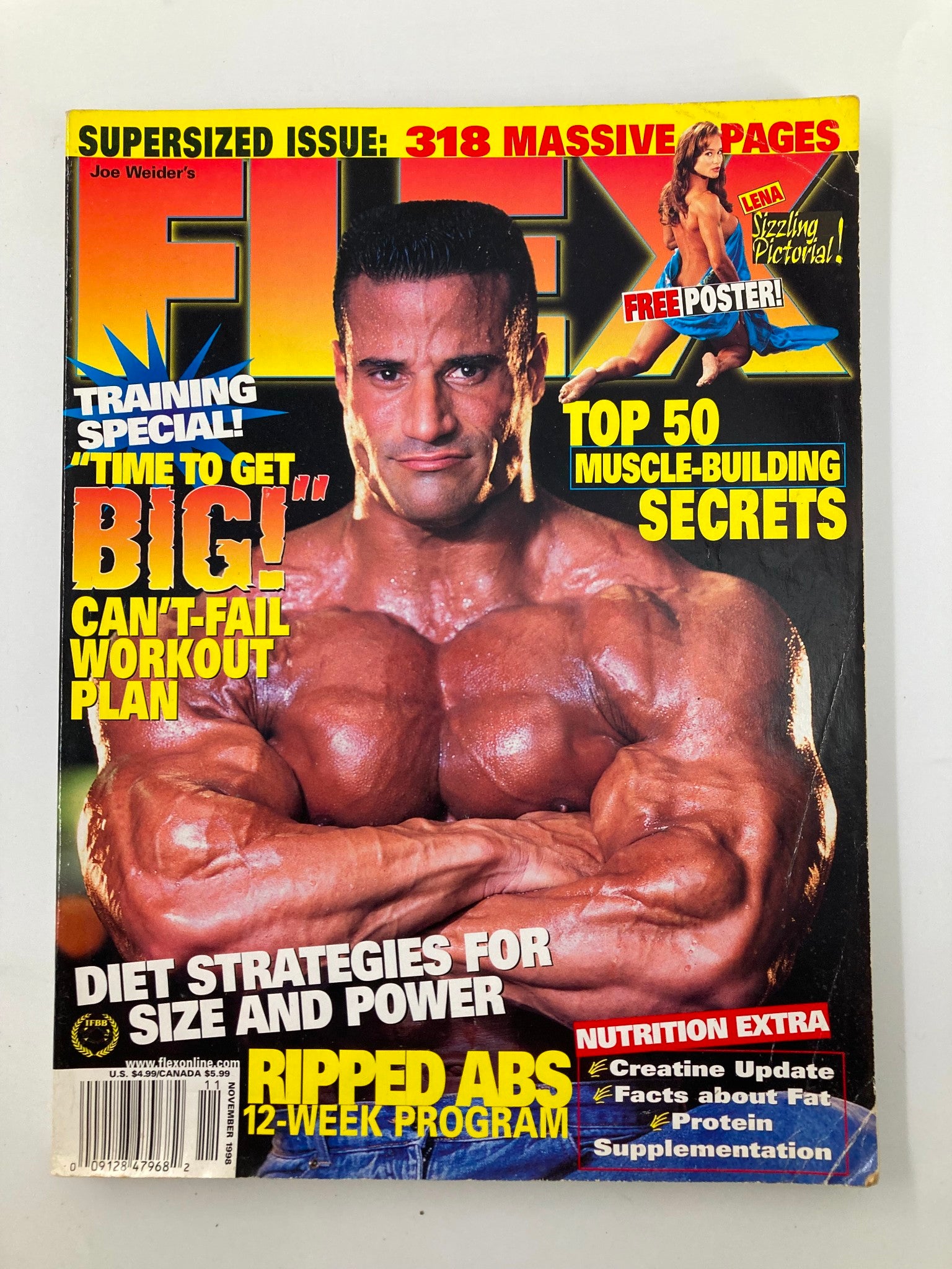Cover of Joe Weider's Flex Magazine November 1998 featuring a muscular man, promoting a 'Training Special' and highlighting top muscle-building secrets and a Free Poster of Lena Johannesen.