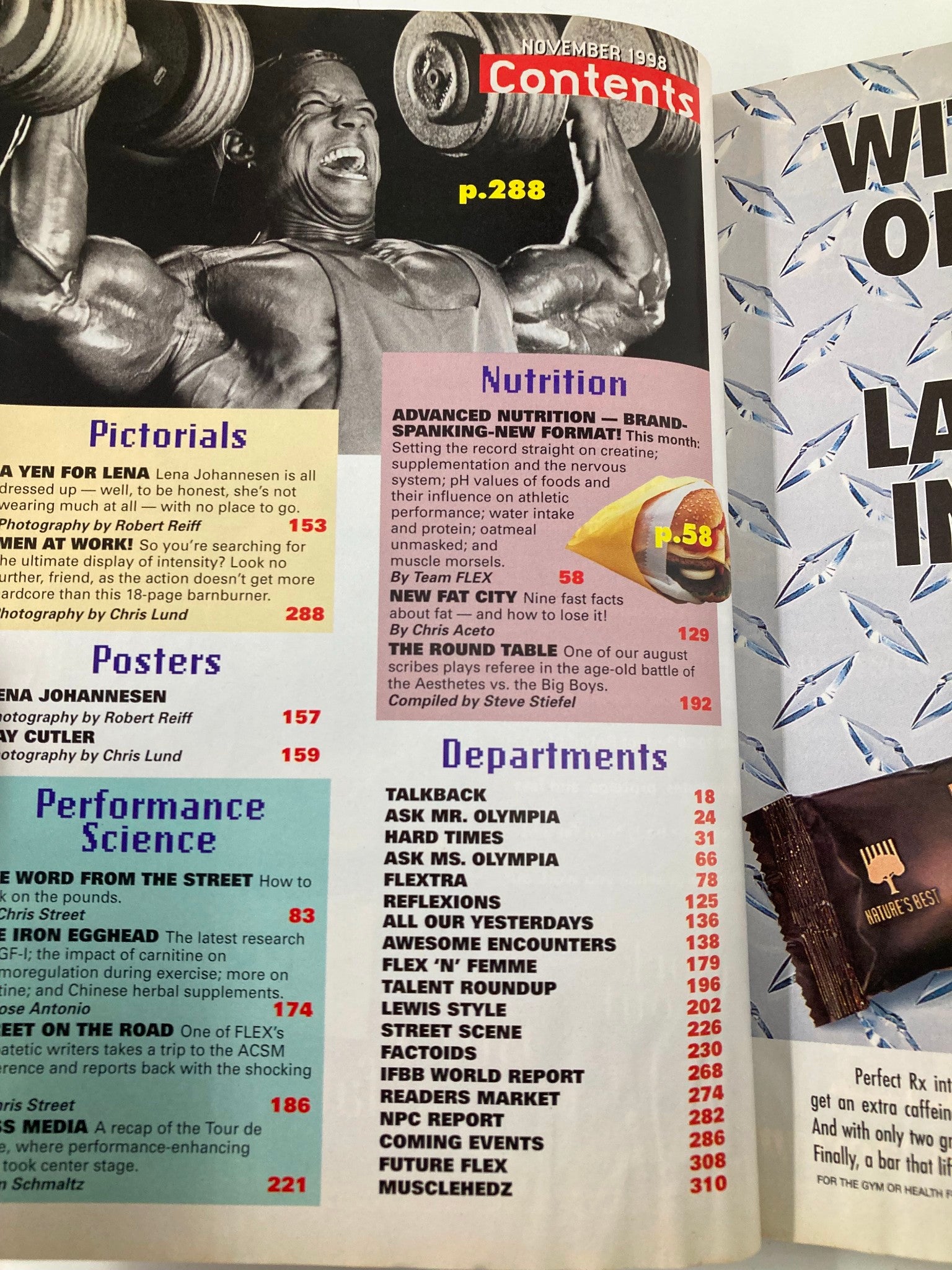 Contents page from Joe Weider's Flex Magazine November 1998, listing articles including nutrition information and pictorials featuring Lena Johannesen and Jay Cutler.
