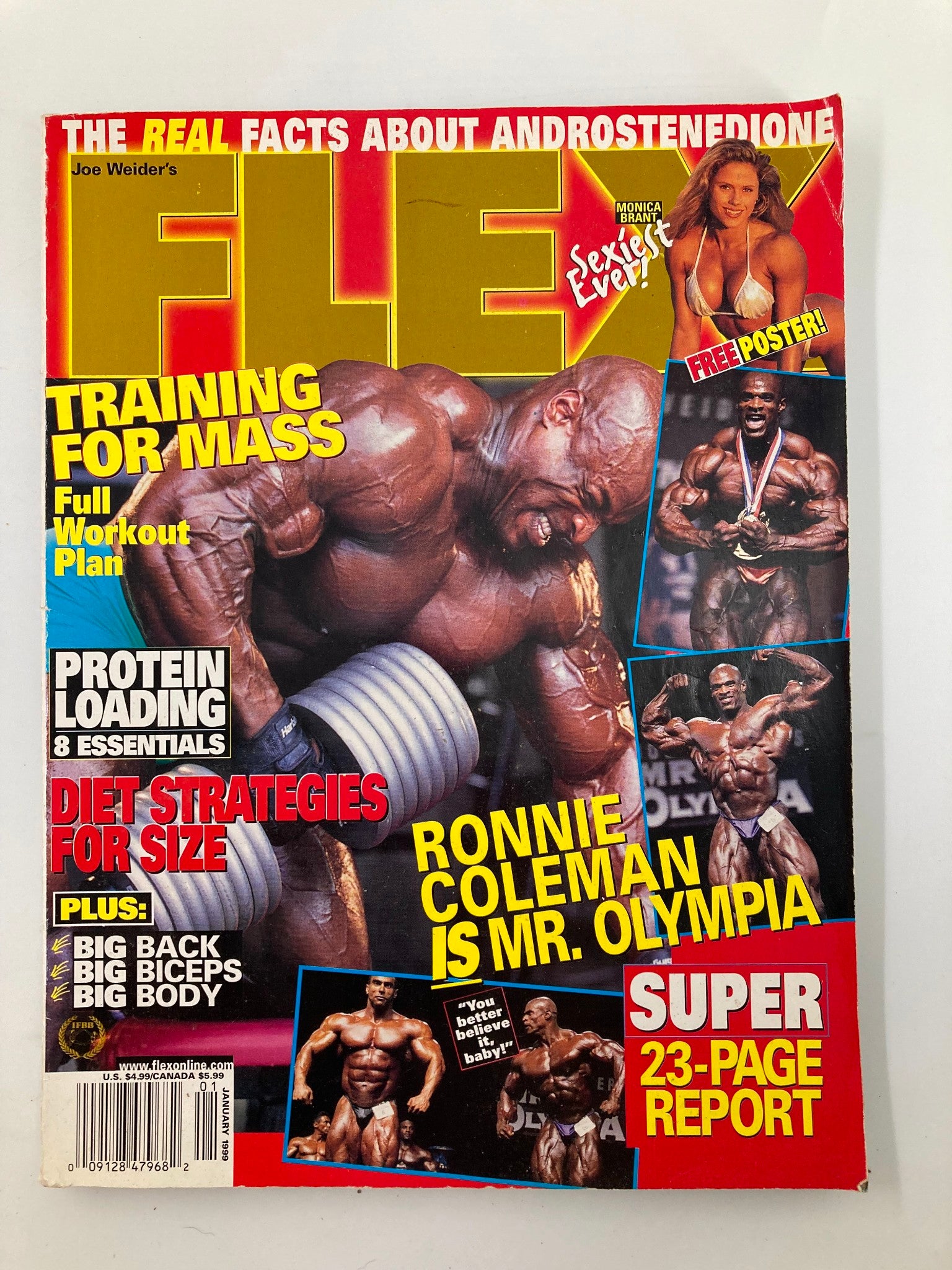 Joe Weider's Flex Magazine January 1999 featuring Ronnie Coleman as Mr. Olympia on the cover, showcasing a muscular physique and fitness-related headlines about training, nutrition, and bodybuilding strategies.