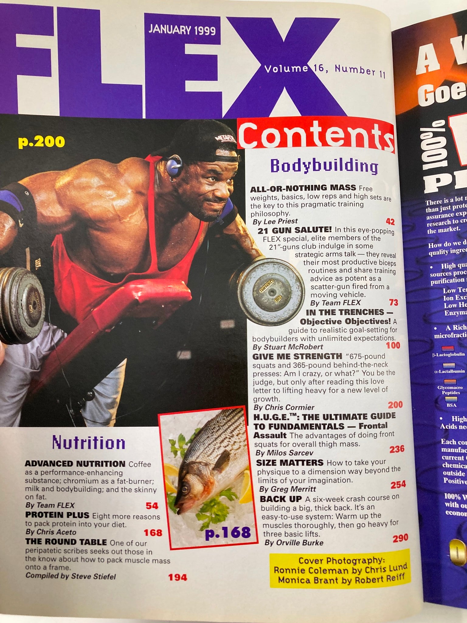 Interior page of Joe Weider's Flex Magazine January 1999 displaying the contents section with bodybuilding articles and nutritional advice, including a feature on Ronnie Coleman, highlighting fitness tips and bodybuilding culture.