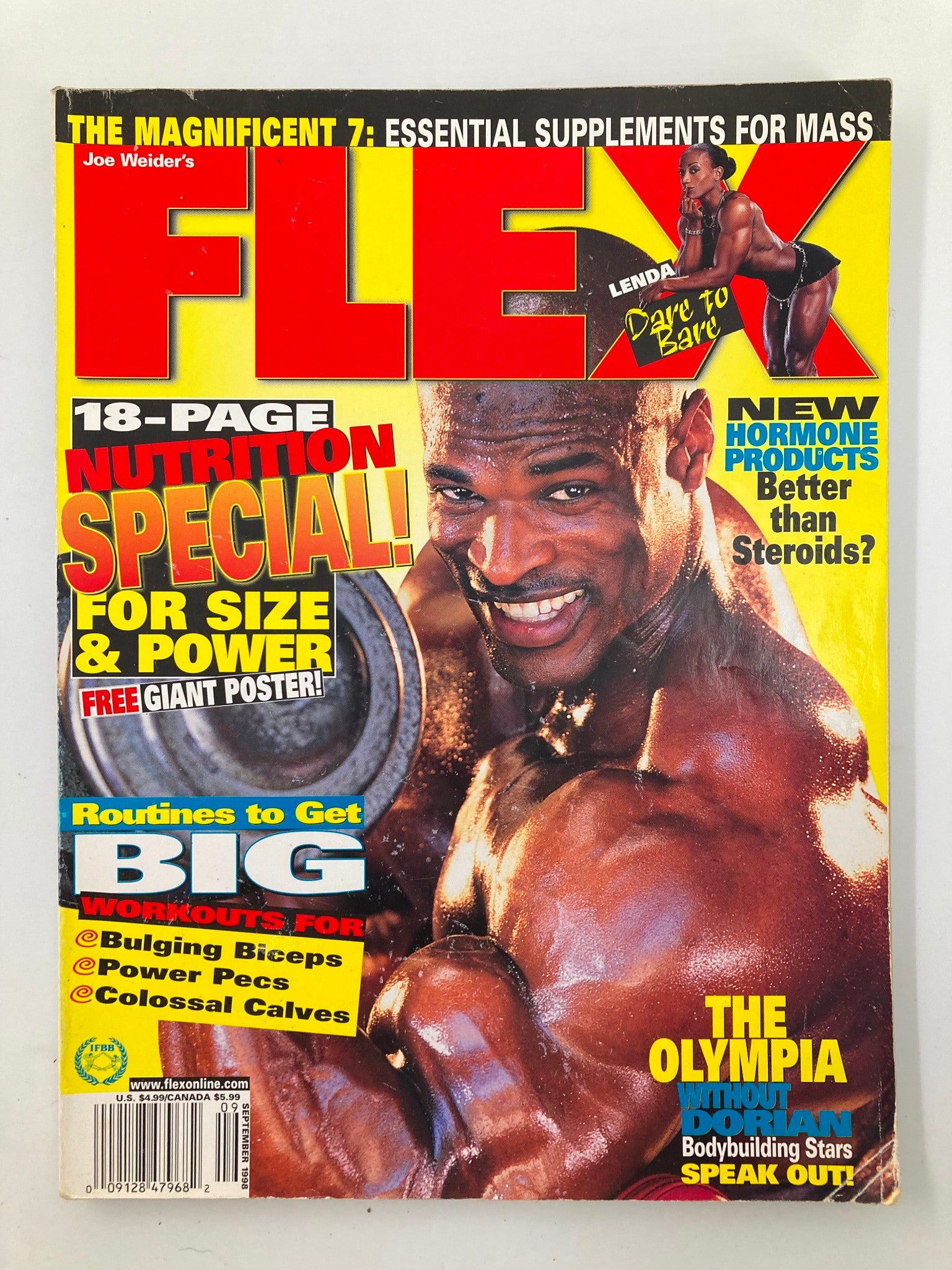 Cover of Joe Weider's Flex Magazine September 1998 featuring a muscular bodybuilder with a barbell, highlighting 'The Olympia Without Dorian' and '18-Page Nutrition Special for Size & Power'.