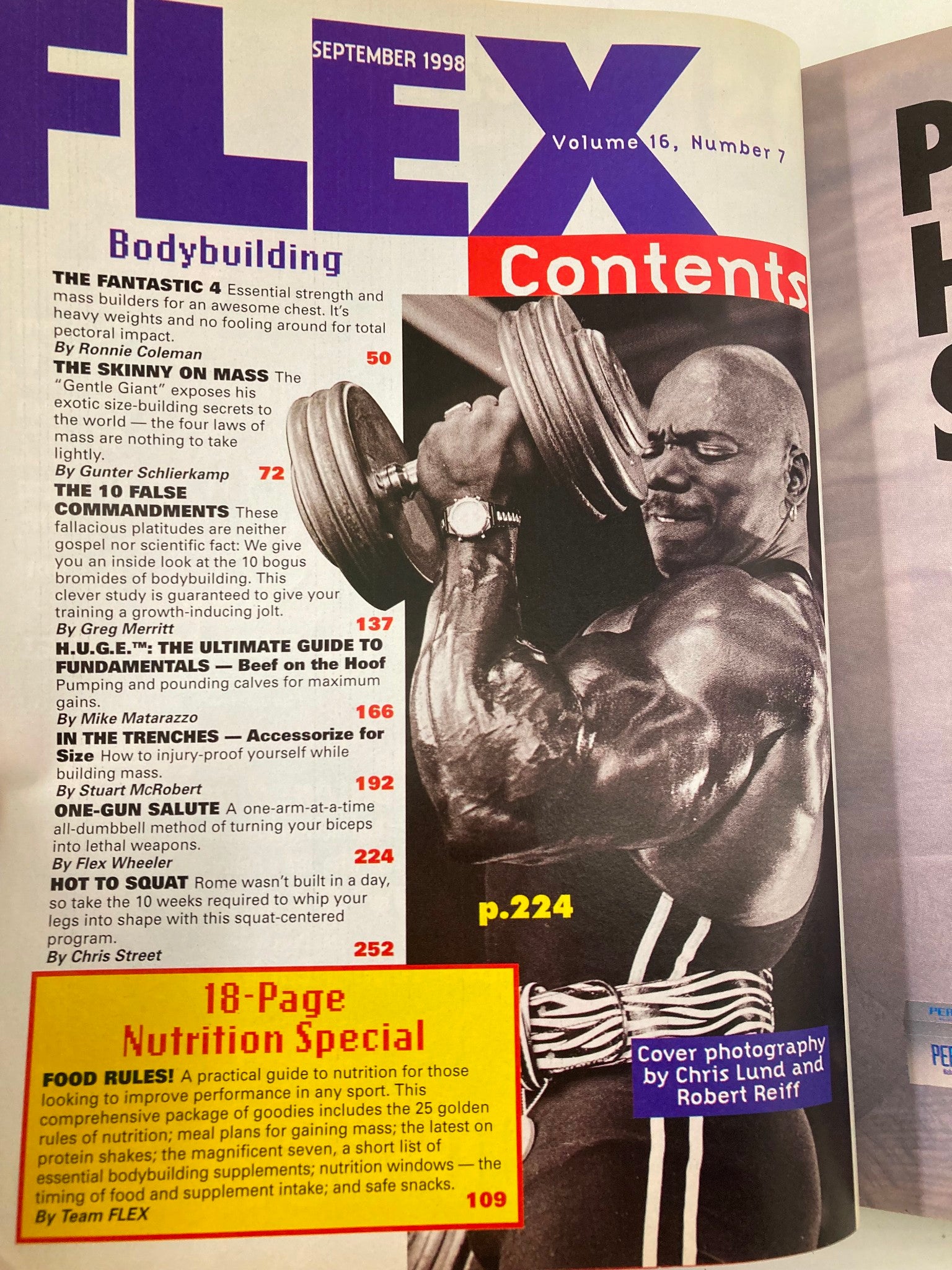 Contents page of Joe Weider's Flex Magazine September 1998, showcasing articles on bodybuilding fundamentals, nutrition special, and workout routines, featuring a photo of a bodybuilder lifting weights.